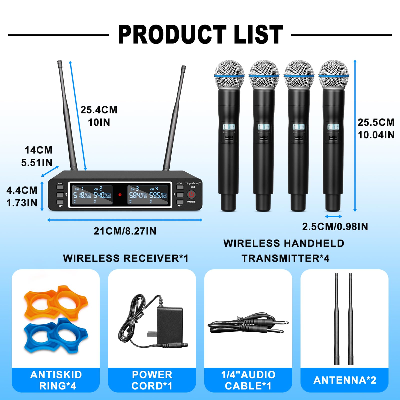 Depusheng LK4 Pro Sistema di microfono senza fili, 4 canali UHF con frequenze regolabili, microfono senza fili con 4 microfoni a mano dinamici, portata di 80 metri, microfono per canto, chiesa
