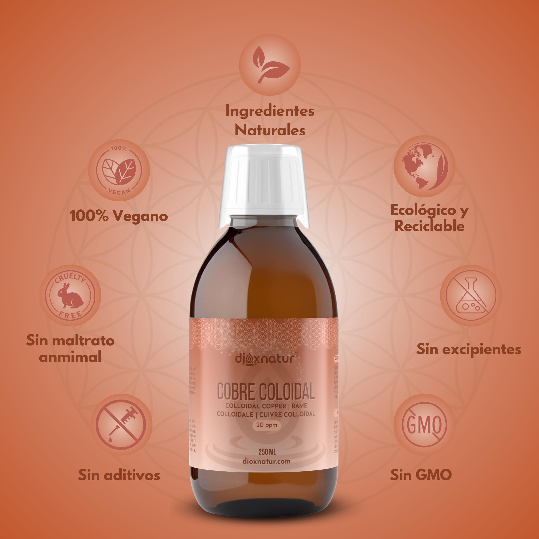 Cobre Coloidal 250ml - Solución Líquida 20 ppm - 99,99% Pureza