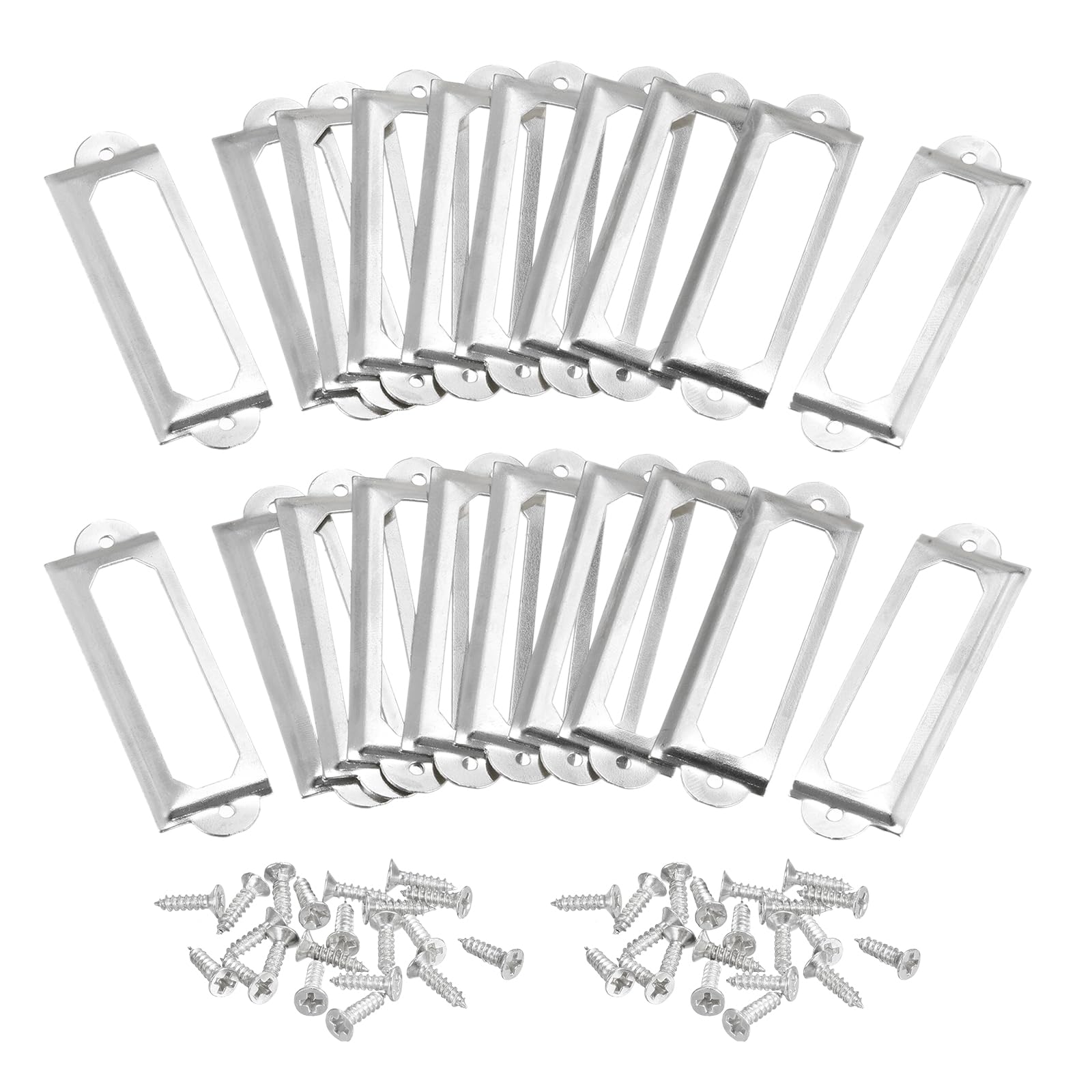 sourcing map Metal Label Holders, 60x17mm 60pcs File Name Card Tag Label Holder Frame for Office Library Drawer Cabinet Shelves, Silver Tone