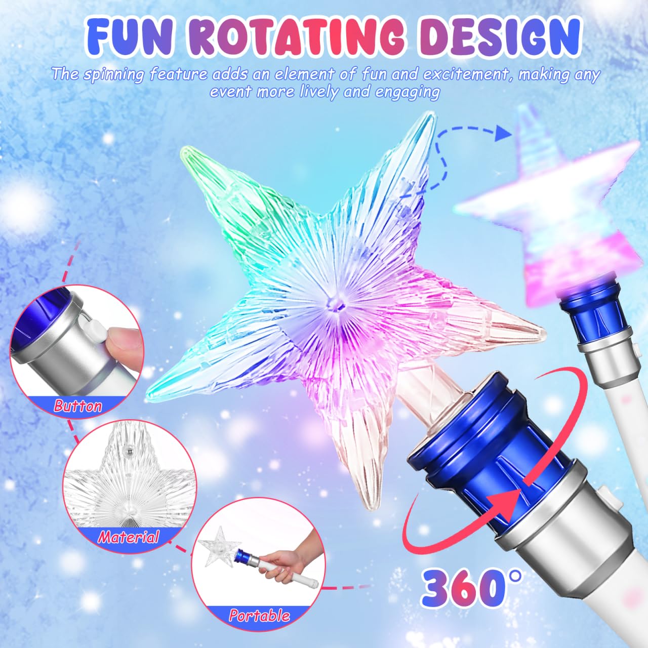 Amosfun Baguette ÉToile Lumineuse Tournante LED 37Cm pour FêTes Concerts Et Support Fans avec ÉToile Brillante Qui Tourne Et Couleurs VariéEs