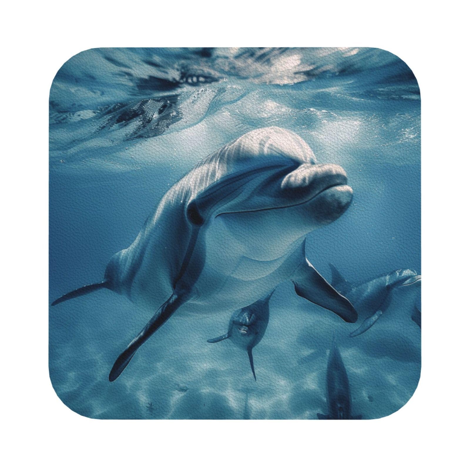 cute Dolphins Print Leather Coaster Set of 6, Square Coasters Table Decorative Coffee Cup Beverage Coasters Wine Beer Bar Coasters for Hot Drinks Table Protection