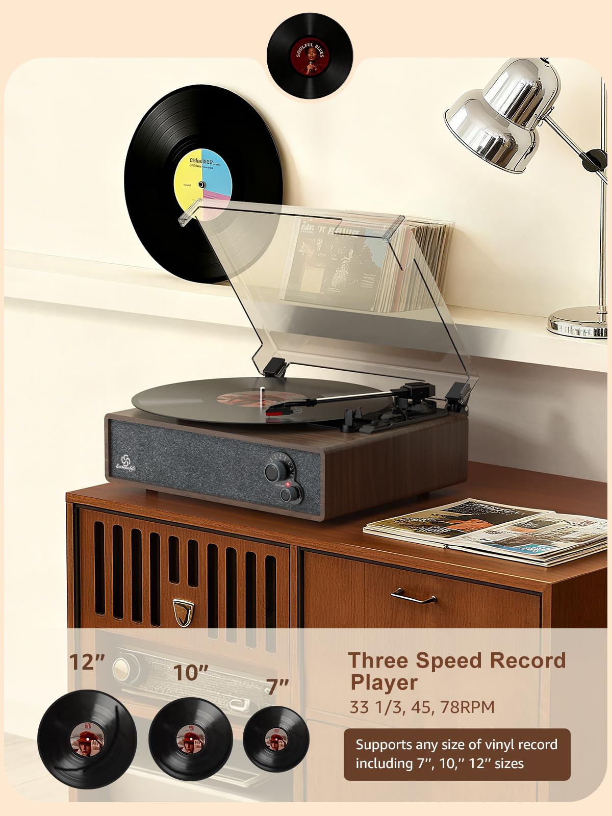 Schallplattenspieler Eingebaute Stereo-Lautsprecher Vintage Plattenspieler für Vinyl-Schallplatten LP Phonograph Riemenantrieb 3 Geschwindigkeiten 3 Größen Wireless Eingang RCA Ausgang Auto Stop