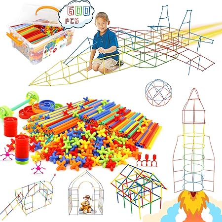 Straw Constructor Toys STEM Building 600Pcs Toy Interlocking Plastic Engineering Thin Tube Blocks Educational Kit for 3 4 5 6 7years Kids Boys and Girls Gift
