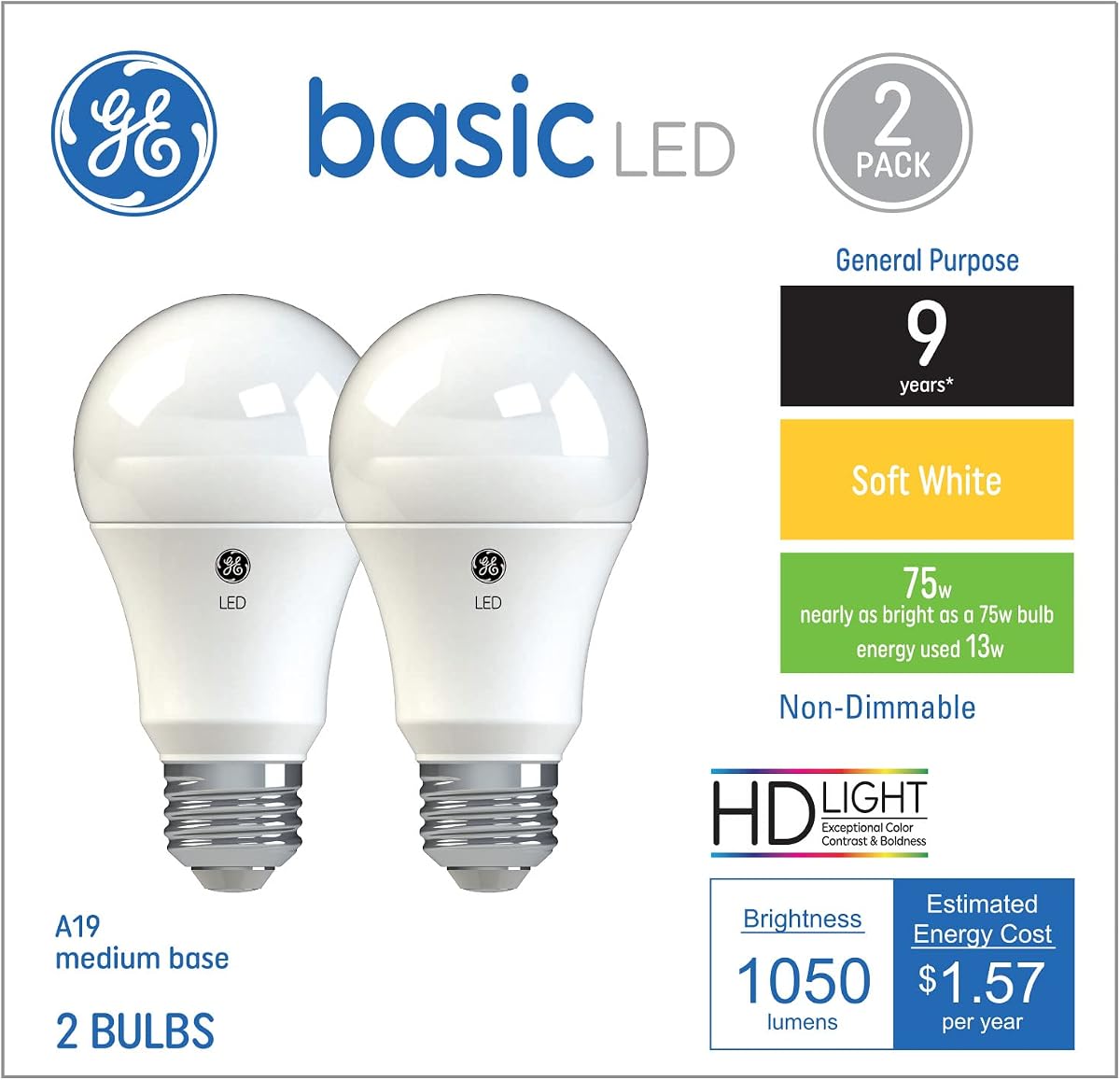GE Basic LED Light Bulbs, 75 Watt, Soft White, A19 (2 Pack) | Energy-saving LED, 75W Replacement, soft white 2700K, A19 base, long-lasting, living room, bedroom, home lighting