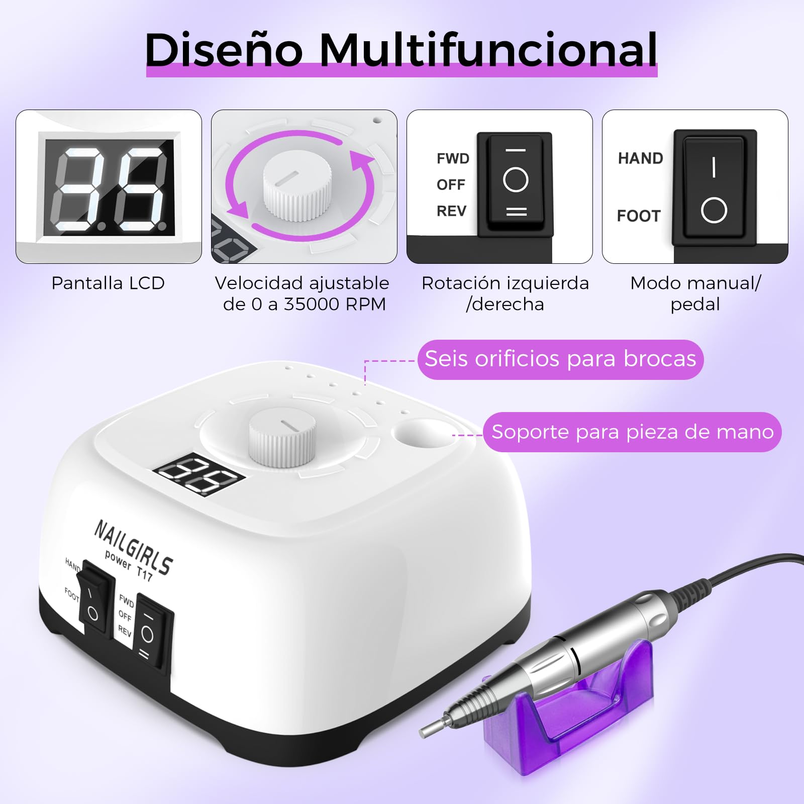 Torno para Uñas Profesional 35000RPM,NAILGIRLS 11 en 1 Torno de Uñas Acrilicas,Torno Electrico para Uñas con Pantalla y Pedal,Baja Vibración Torno Profesional para Uñas Tornos para Manicura y Pedicura