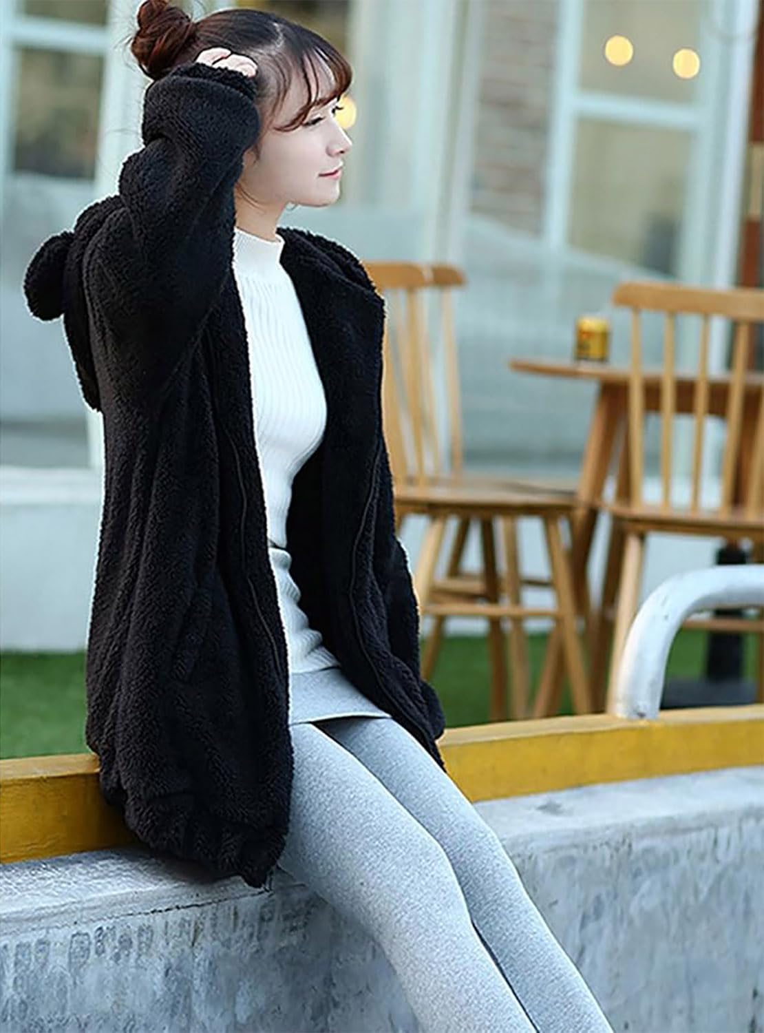 acdiac Kawaii Animal Hoodie Bunny/Bear Ear Hoodies Tops For Women Fluffy Rabbit Sweater Zip Jacket Coats Large-X-Large Black-bear