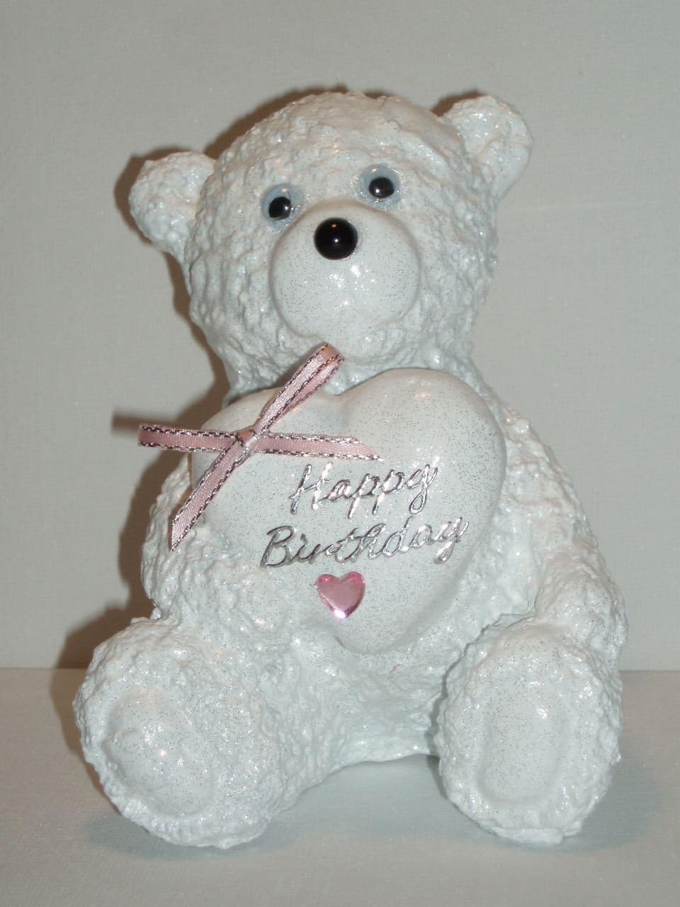 Happy Birthday Or Customised with A Personalised Name White Love Heart Teddy Bear Outdoor Cemetery Garden Grave Memorial Ornament Pink Theme