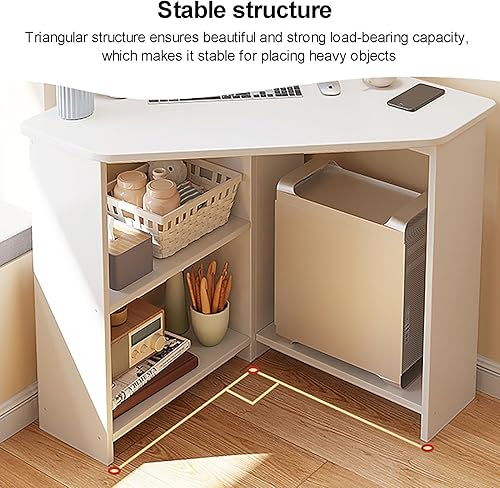 Miniatura 5 de Escritorio esquinero para espacio pequeño, escritorio de computadora triangular con estantes de almacenamiento y soporte para CPU, mesa de tocador