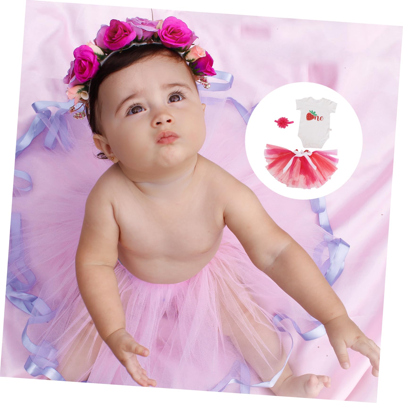 Amosfun Set Abbigliamento Gonna per Bambina 1 Anno in Poliestere | 3 Pezzi, Rosso, per Foto e Carnevale, Tessuto Gauze, Facile da Togliere