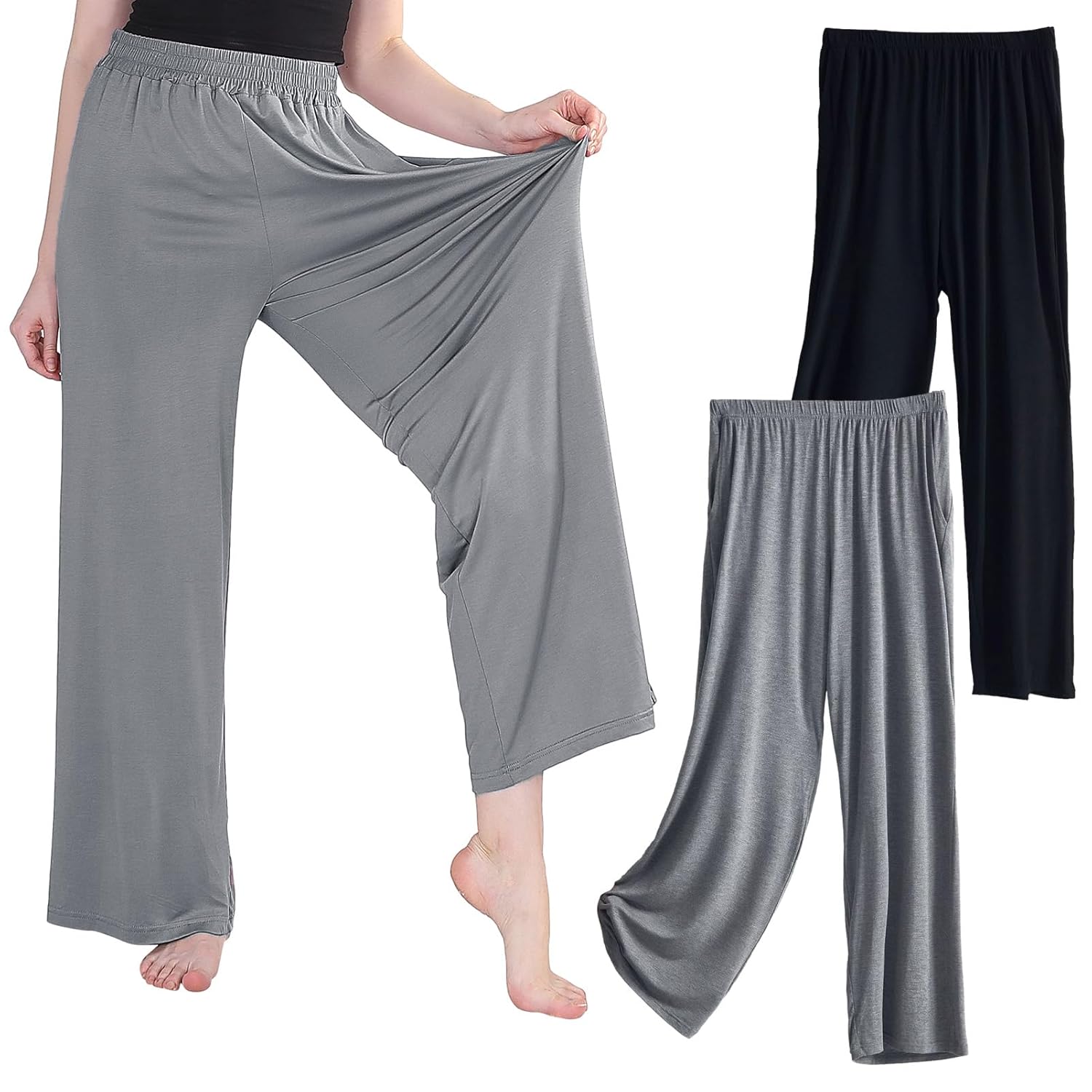 Womens Wide Leg Sweatpants Loose High Waist Lounge Casual Pants with Pockets 2 Pack