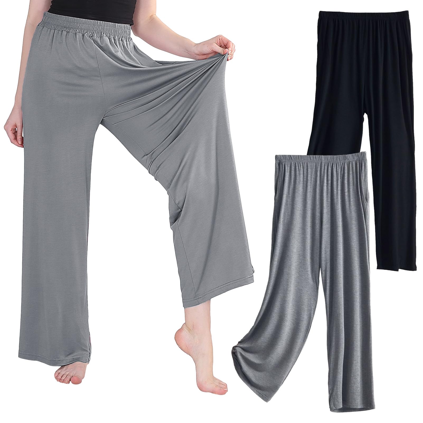 Womens Wide Leg Sweatpants Loose High Waist Lounge Casual Pants with Pockets 2 Pack