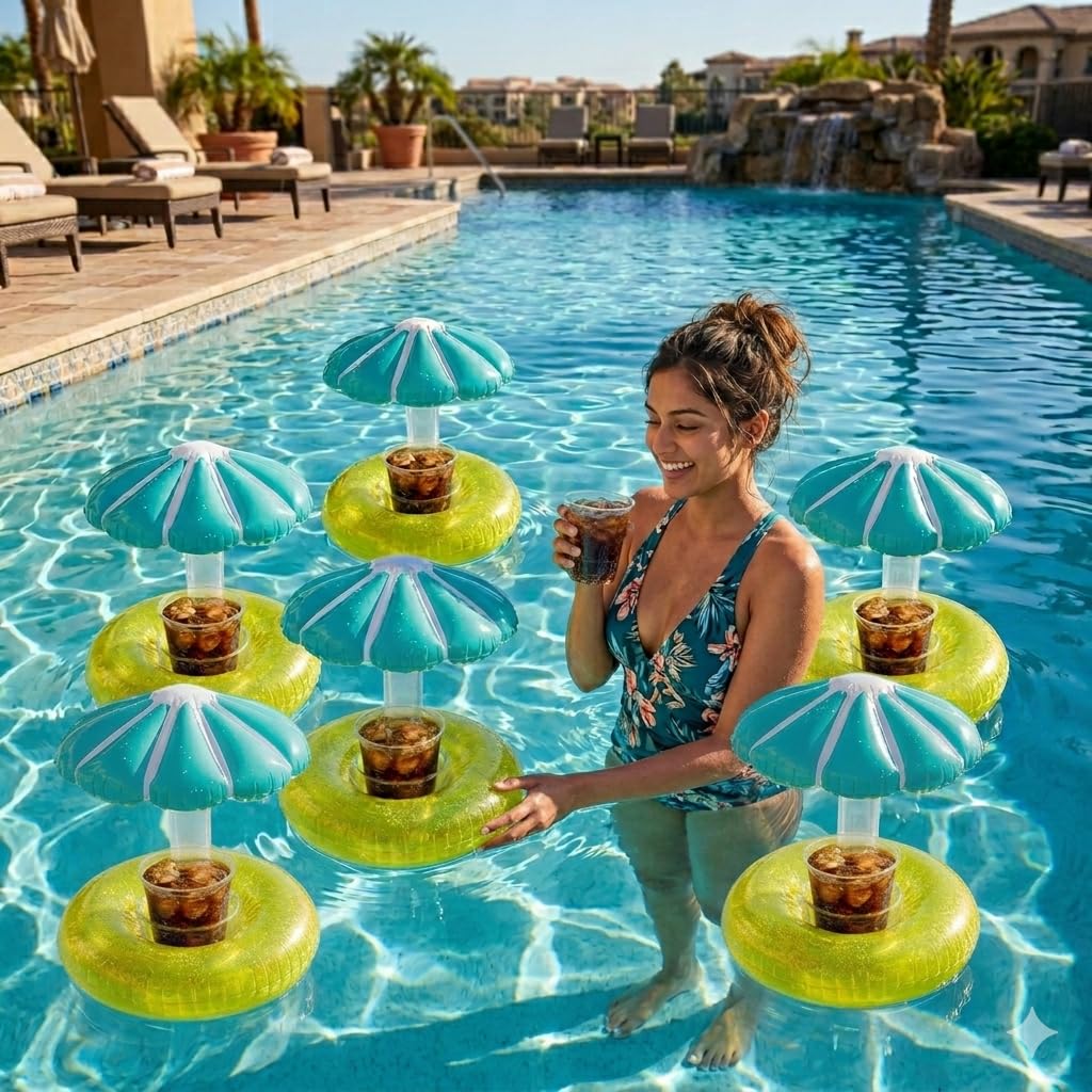 Inflatable Pool Drink Holder with Umbrella | Floating Cup Holder for Pool & Beach | Portable Beverage Float Stand (Single Cup Design) (Pack of 12)-image-29