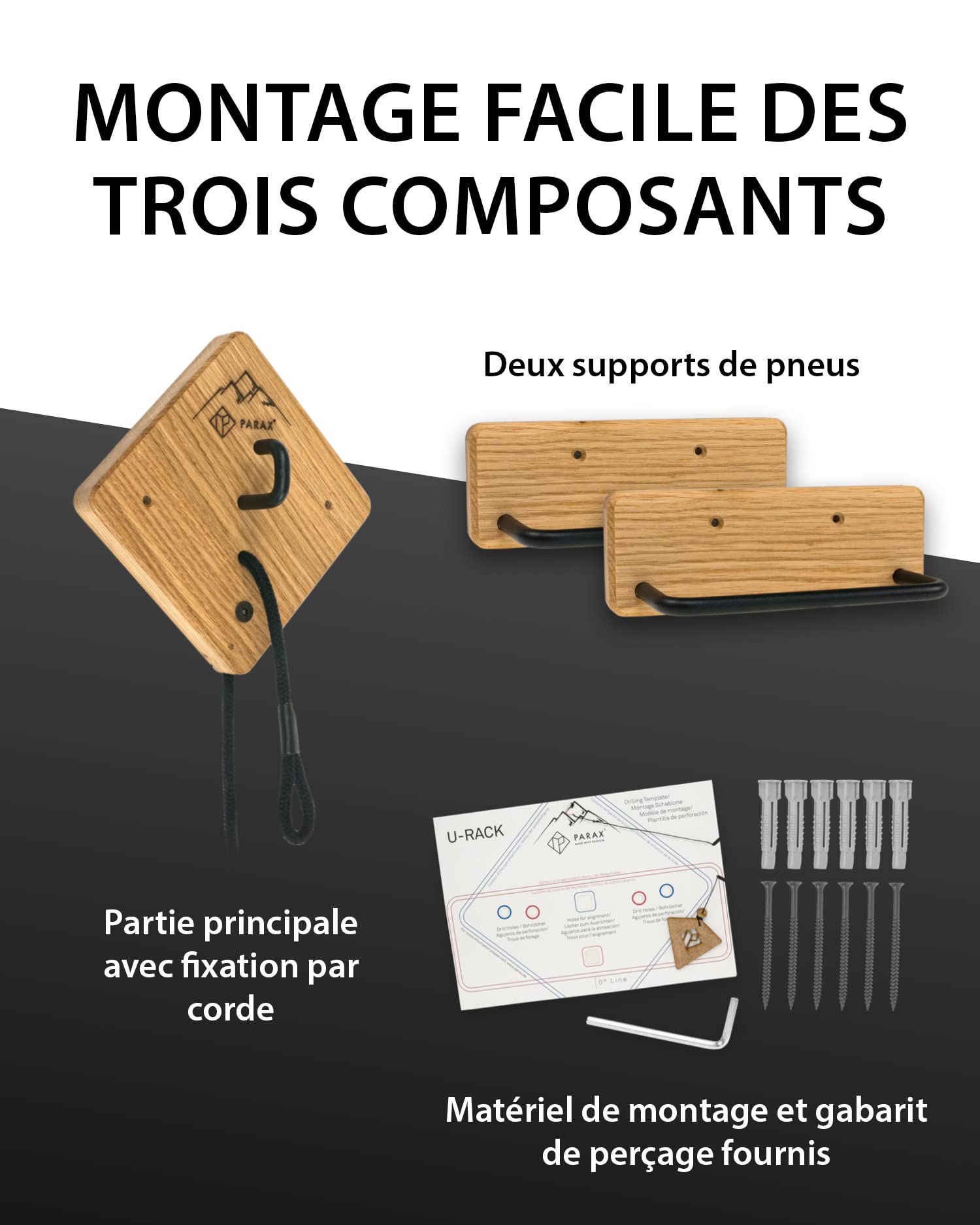 Support de vélo PARAX - Support Mural pour vélo - Rangement de vélo intérieur - pour VTT, vélo électrique, vélo de Ville, vélo de Course, vélo Gravel - jusqu'à 35 kg - en Bois