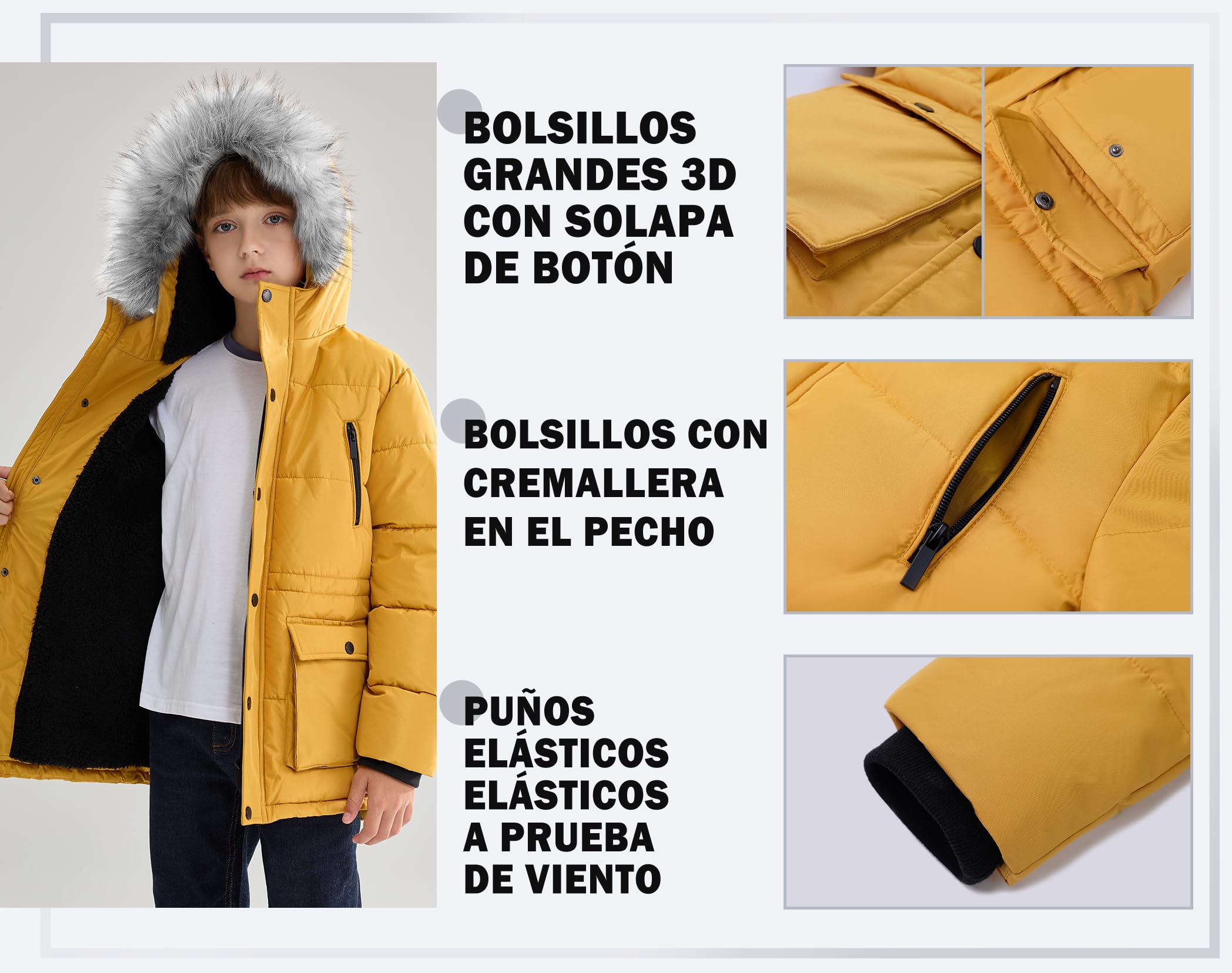 maoo garden Abrigo de Invierno Acolchado para Niños, Chaqueta con Capucha de Piel Forrada de Sherpa de Peso Pesado para Niños Grandes, Parka de Nieve Resistente al Agua