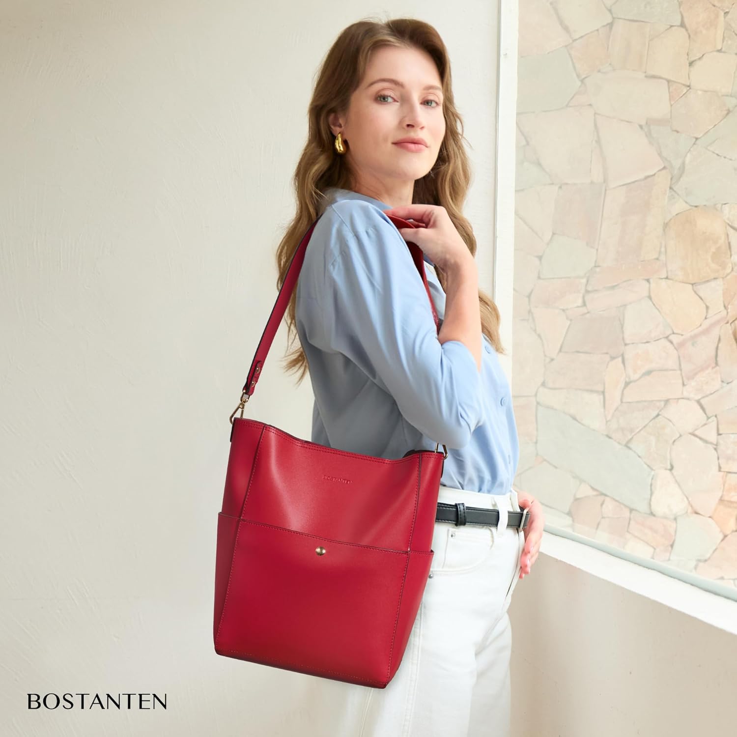 BOSTANTEN Women's Leather Designer Handbags Tote Purses Shoulder Bucket Bags - Image 2