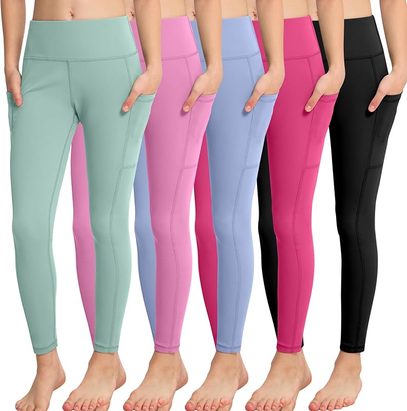 Leggings deportivos para niñas con bolsillos, 5 paquetes de pantalones para correr, entrenamiento, danza, yoga, adolescentes, para niños de 5 a 15 años