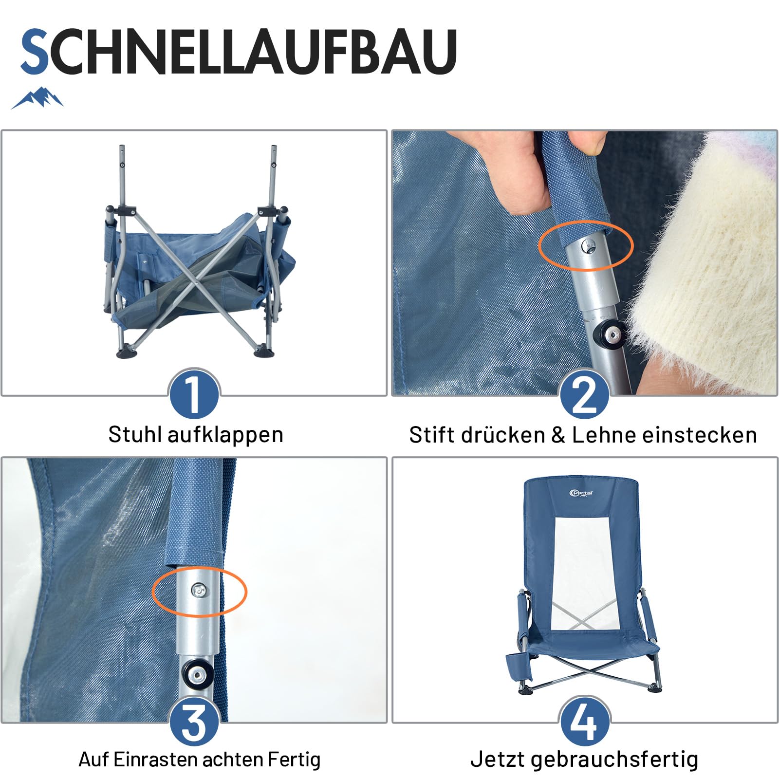 Portal Strandstuhl klappbar mit Hochlehner leicht Campingstuhl faltbar 150KG niedrig atmungsaktives Gewebe Faltstuhl tragbar mit Tragetasche Getränkhalter für Strand Garten Wandern