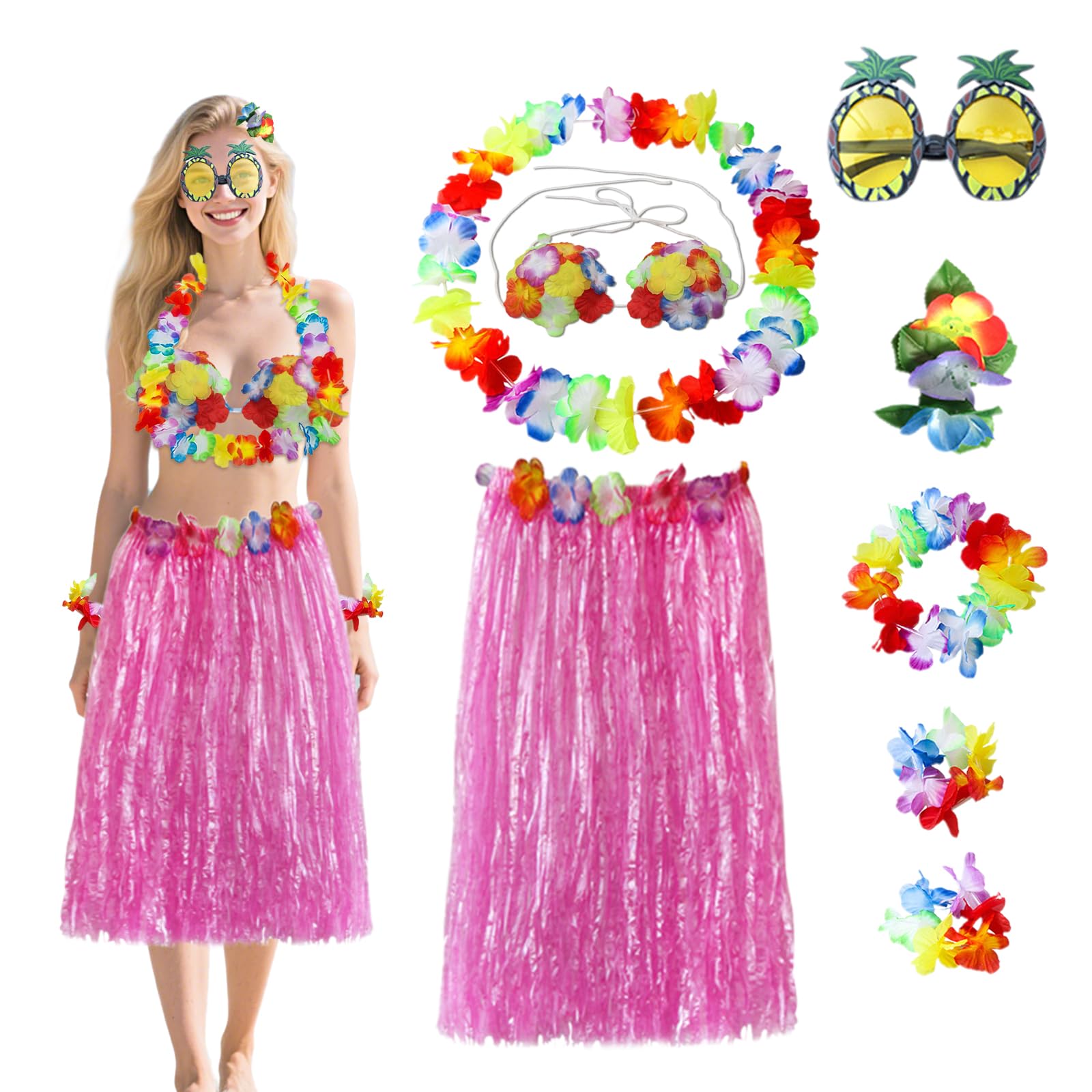 Satiskid 8 PCS Hawaiian Hula Skirt Costume Set, 60cm Hula Grass Skirt Necklace Headband Hawaiian Lei Bikini Top Hibiscus Hair Clip Pineapple Glasses, Summer Beach Tropical Party Decorations (Pink)