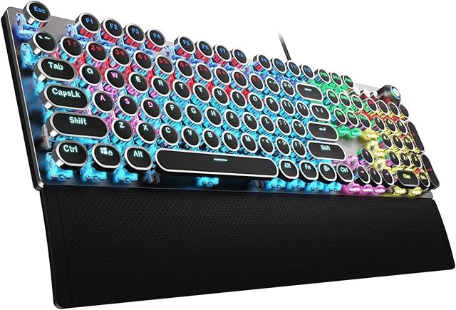 Aula F2088 Typewriter Style Mechanical Gaming Keyboard Blue Switch, with Removable Wrist Rest, Media Control Knob, Rainbow Backlit, Retro Punk Round Keycaps, 108 Keys Wired Computer Keyboard, Black