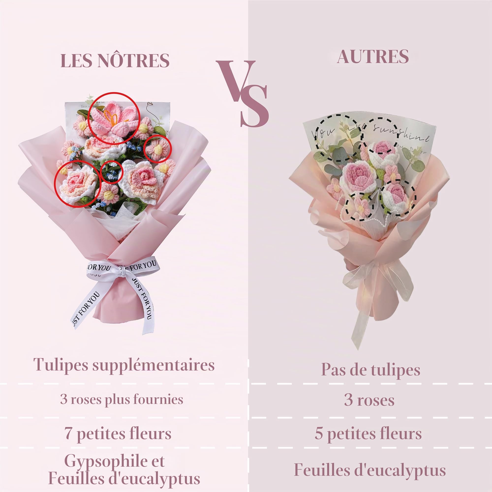 EZsenses Bouquet de fleurs au crochet – Roses tricotées à la main pour décoration d'intérieur, avec sac cadeau et carte de vœux