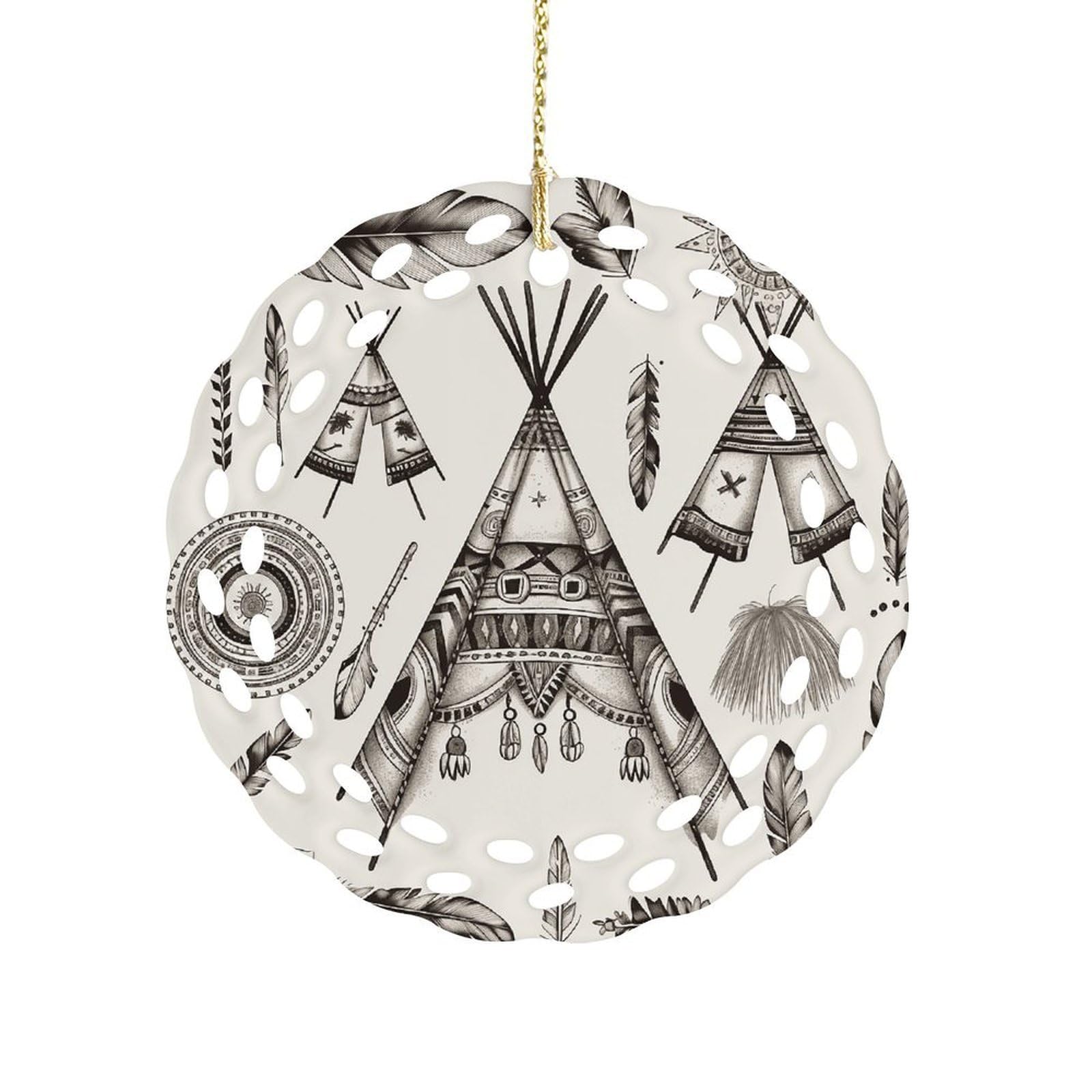 Fodpand Women's Style Feather Head Band Teepee Tent Ceramic Ornament For Home Decor 3.2" Round Tree Decoration Christmas Ornaments For Men Double-Sided Design