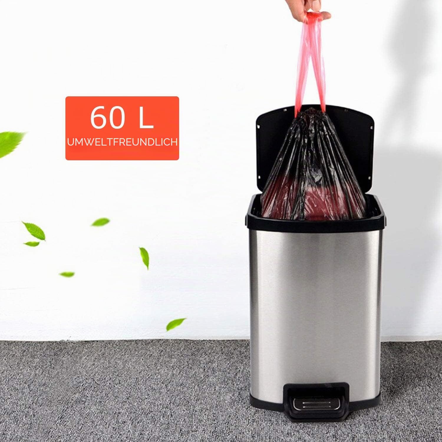 ASelected 200 Stück 50-60L Müllbeutel Mit Zugband, Müllsäcke Mülltüten mit Tragegriff Super Auslaufsicher 10 Rollen, Abfallsack Mit Zugband 60 Liter Groß 71 x 64 cm Schwarz