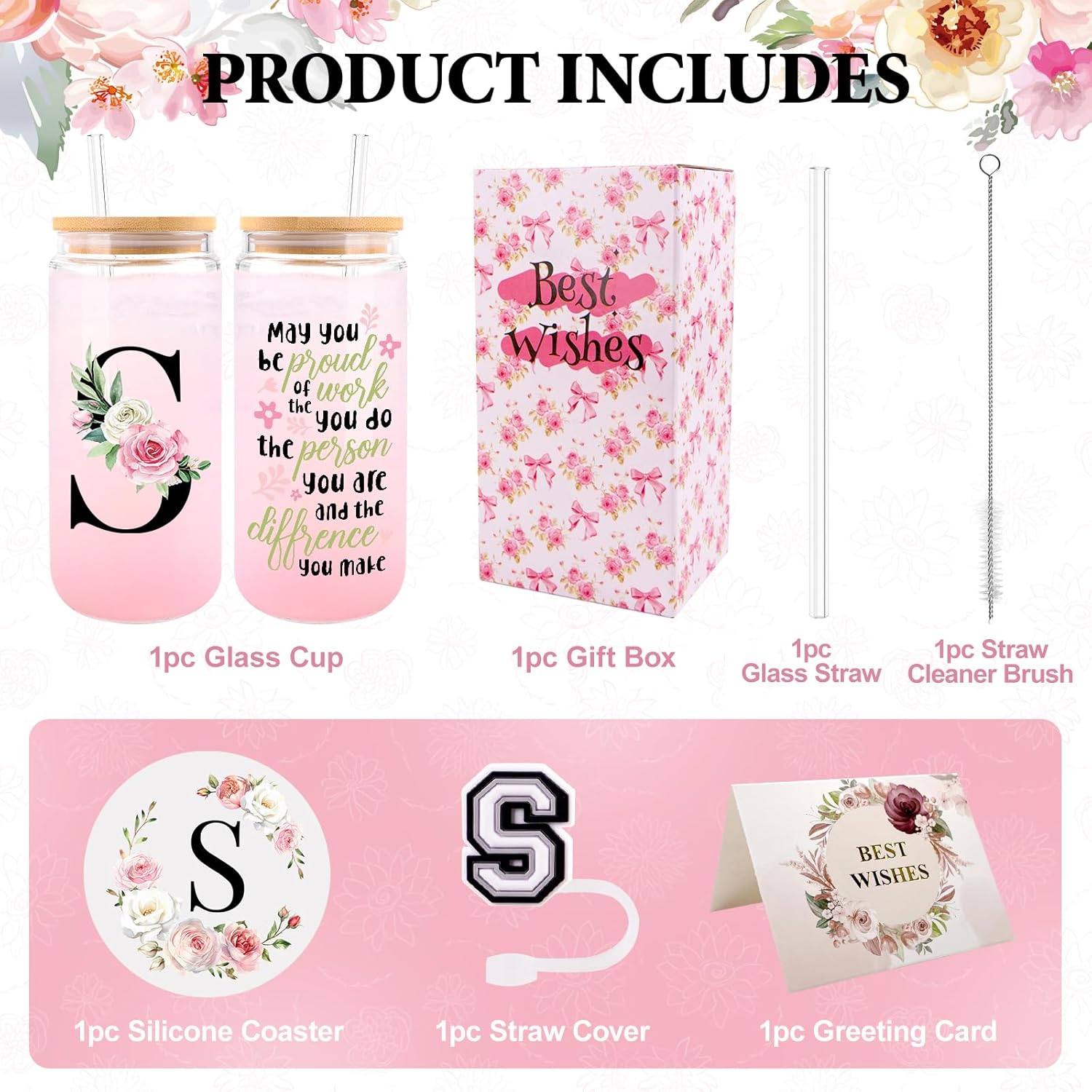 Initial Glass Cups with Lids and Straws, Personalized Gifts for Women, Iced Coffee Cup Glass Tumbler, Birthday Bridesmaid Proposal Inspirational Customized Gifts for Her Girls (S) - Image 4