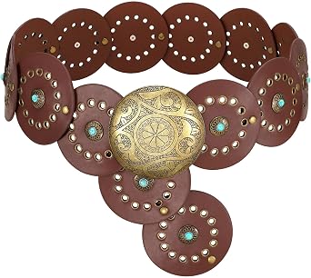 SUOSDEY Womens Wide Western Leather Concho Belt Vintage Cowgirl Boho Disc Belt for Dresses, Jeans, Skirts