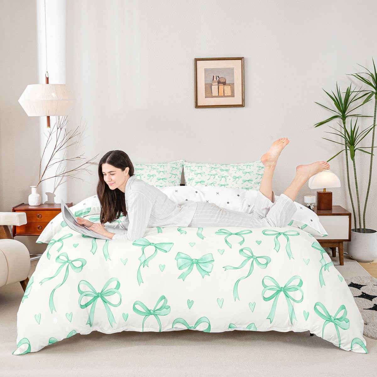 Loussiesd Kokarda poszewka na kołdrę super king size kokarda zestaw pościeli dla chłopców dziewcząt kawaii kokarda poszewka na kołdrę serce miłość sypialnia dekoracja 3 szt. zielony
