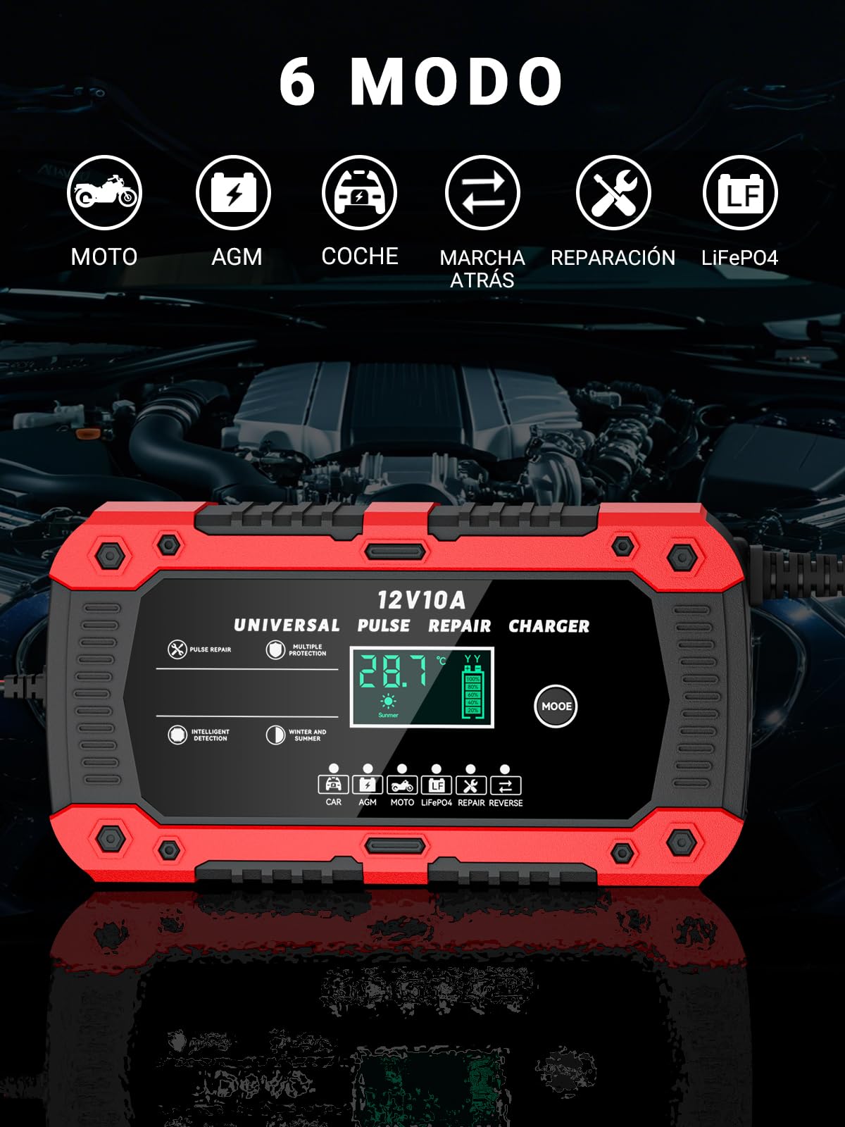 Cargador de Batería de Coche 12V 10A Cargador Baterias Coche y Moto con Pantalla Táctil LCD Inteligente y Múltiples Protecciones Cargador de Batería para Auto Moto Camión AGM, Gel, SLA