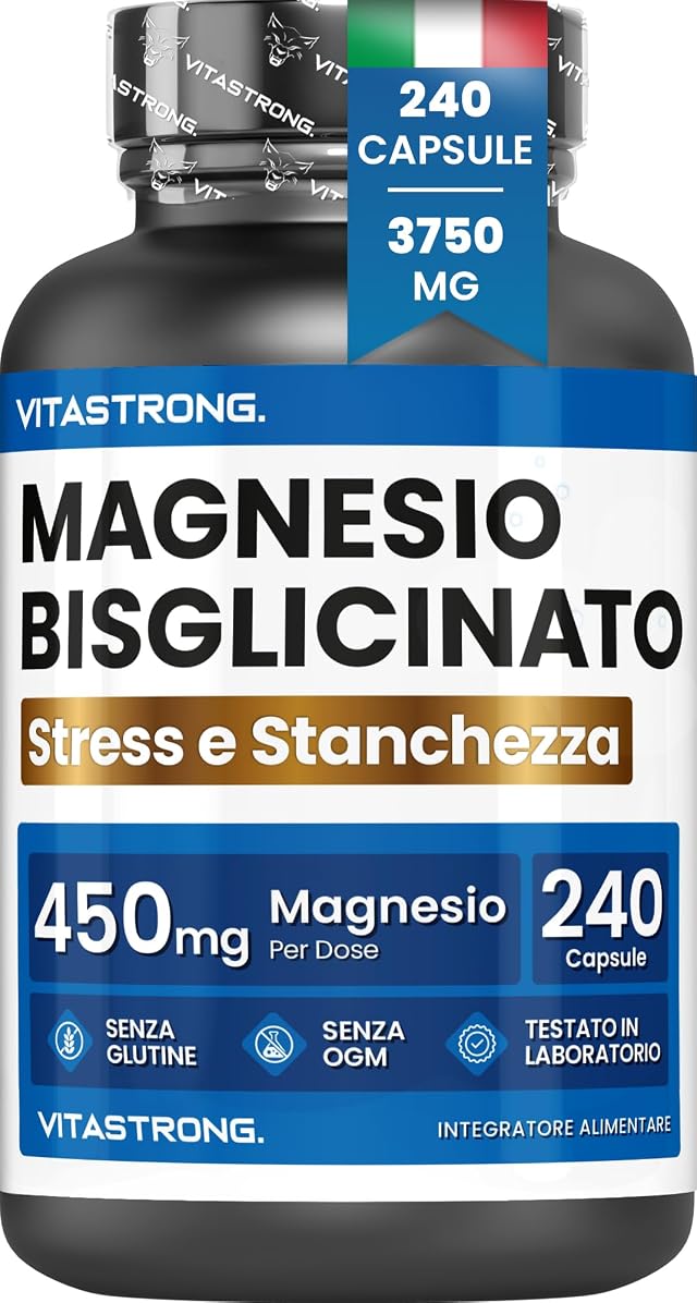 Vitastrong Magnesio Bisglicinato 3750mg, 240 Capsule con Vitamina B6 | Integratore Alto Dosaggio, Riduzione Stanchezza e Affaticamento, Supporto Muscolare, Sistema Nervoso, Energia, Senza Glutine