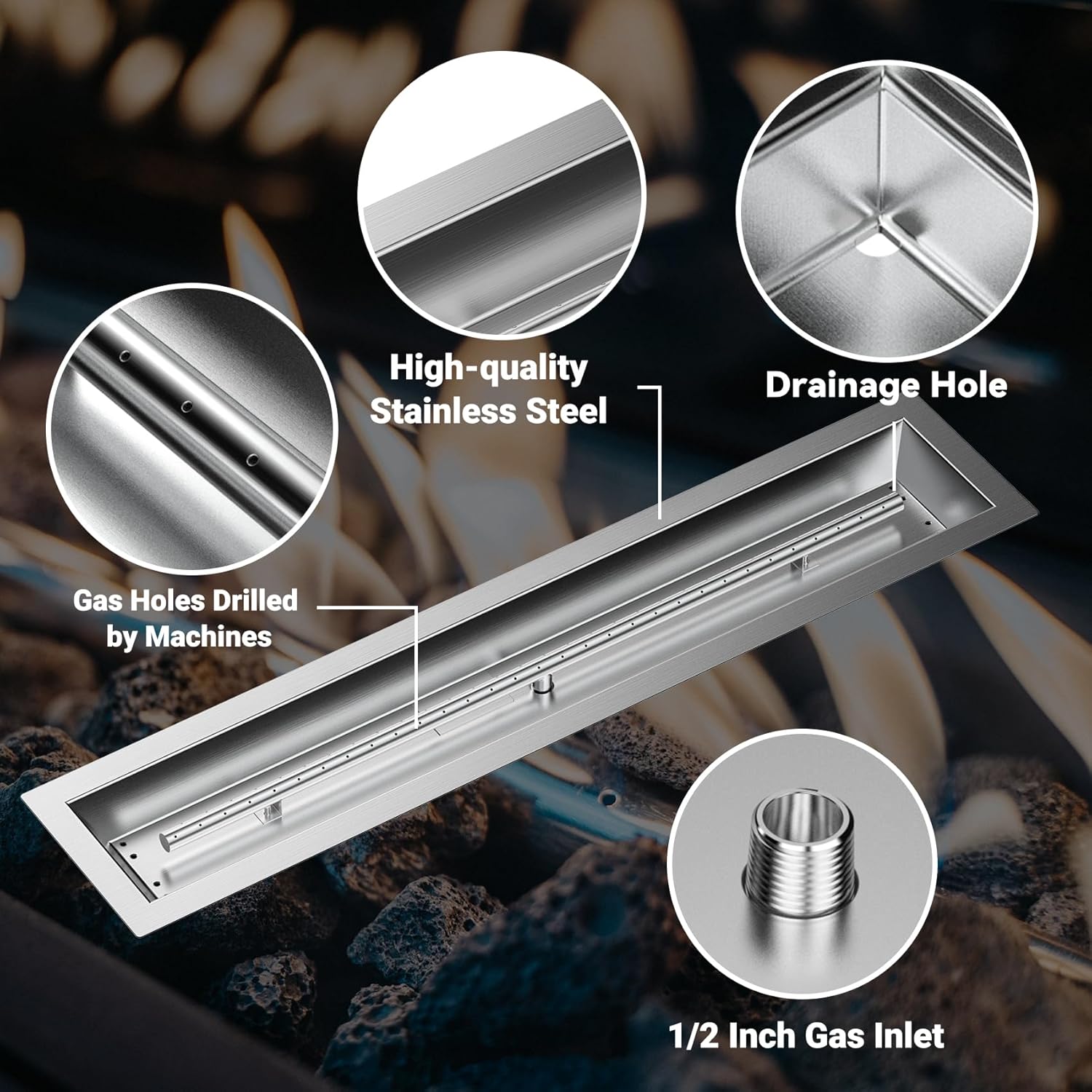 Skyflame 36 x 6 Inch Liner Fire Pit Pan Kit, Stainless Steel Drop-in Fire Pit Pan and Burner, Come with Spark Ignition and Propane Hose, Indoor/Outdoor Fire Table DIY Decorative