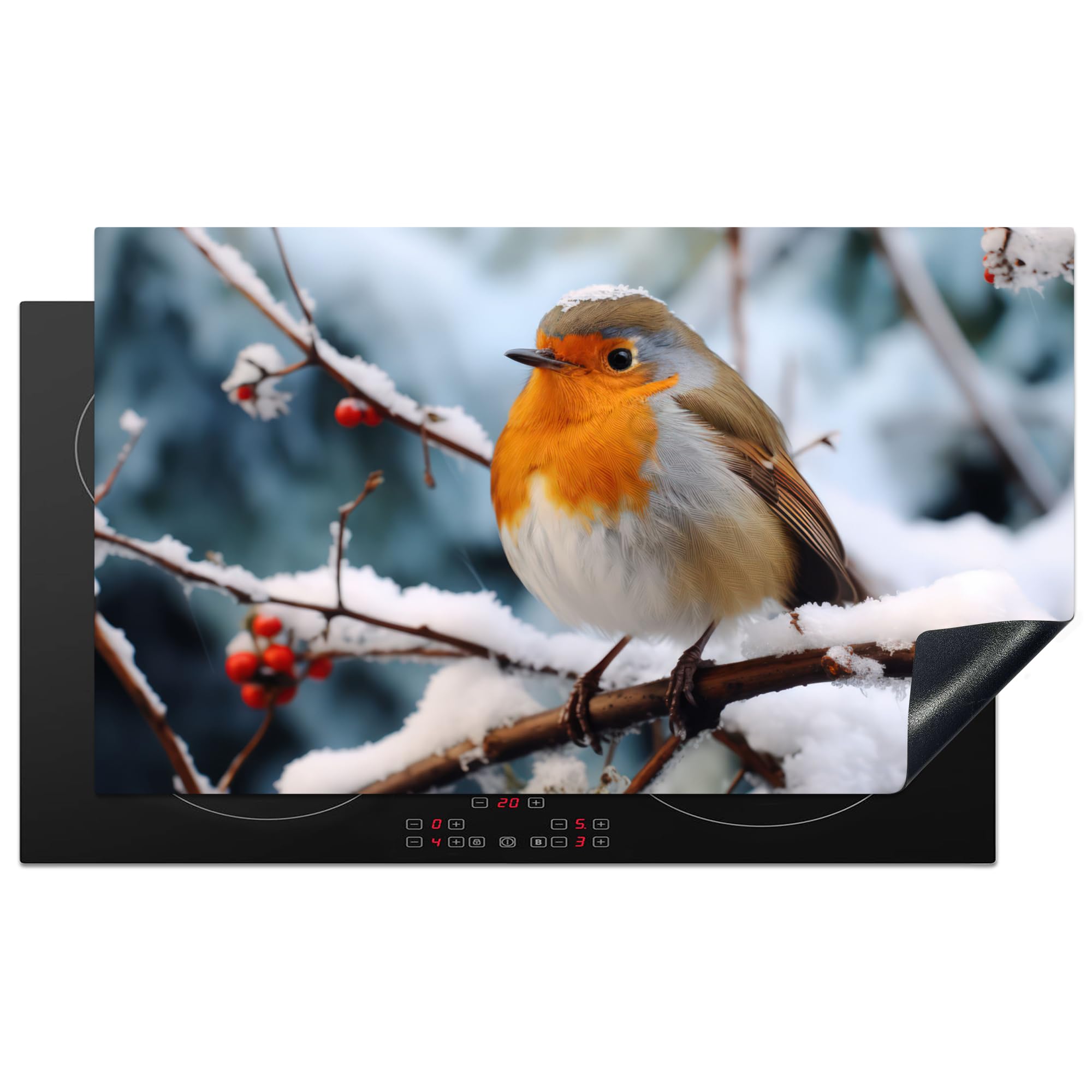 KitchenYeah© Induction Hob Protector Mat 20.5"x35.9" / 91.2x52 cm Stove Cap Top Cover Kitchen Cooker Covers for Electric Hobs Vinyl Robin - Winter - Snow - Bird - Nature