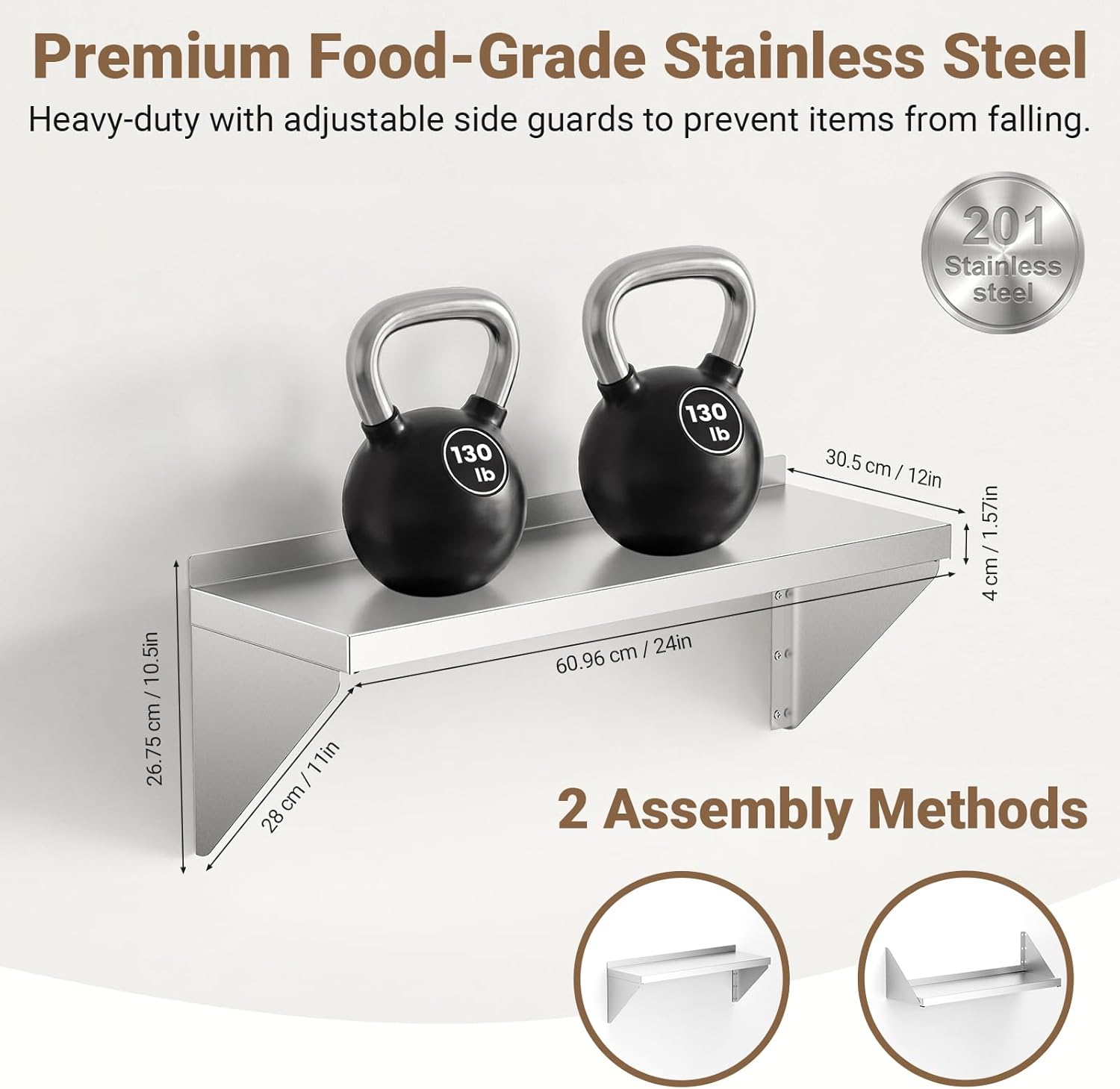 Stainless Steel Wall Shelf 12" x 24" 260lb, Metal Commercial Kitchen Shelves Wall Mount with Reversible Brackets, Heavy Duty Wall Storage Rack for Home, Restaurant, Garage, Hotel, Silver