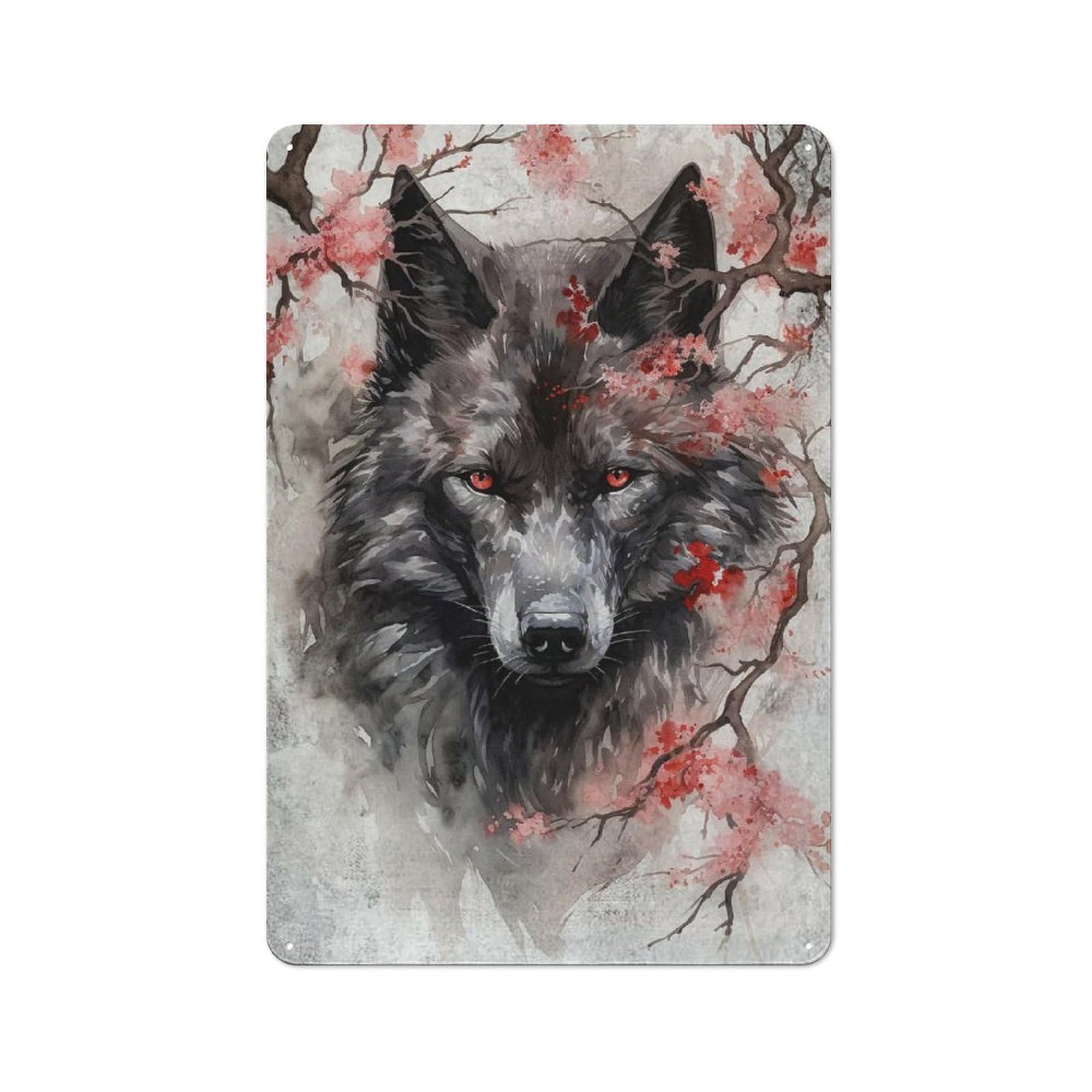 Metal Plaque with Wolf Cherry Blossoms Design 30x20cm, Country Style Cafe Wall Decor for Bakery, Diner, Cafe Or Family Room