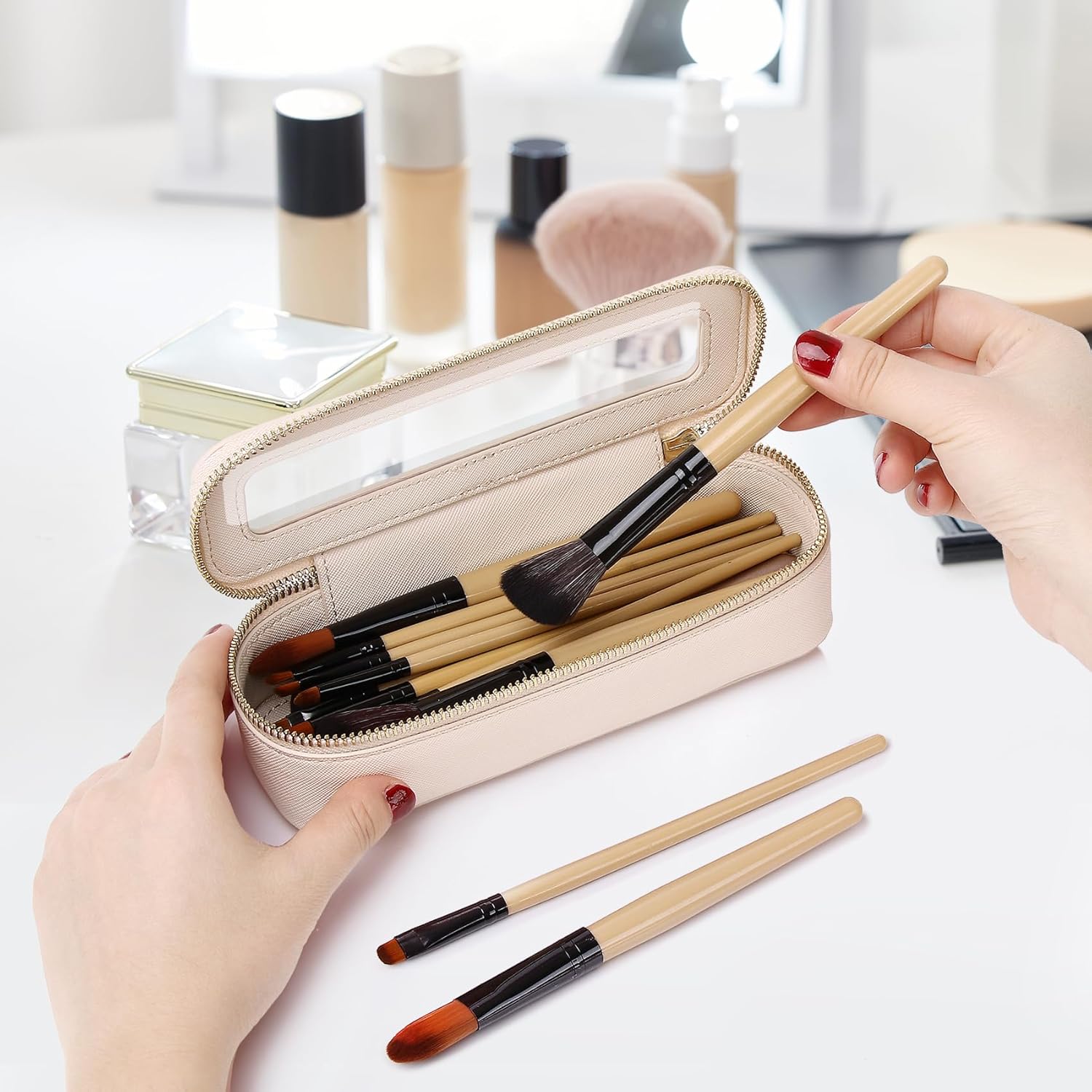 Travel Makeup Set Waterproof Transparent Cosmetic Bag and Toiletry Bag Makeup Brush case with Zipper Car Essentials for Women (Beige, L+M+SLIM)