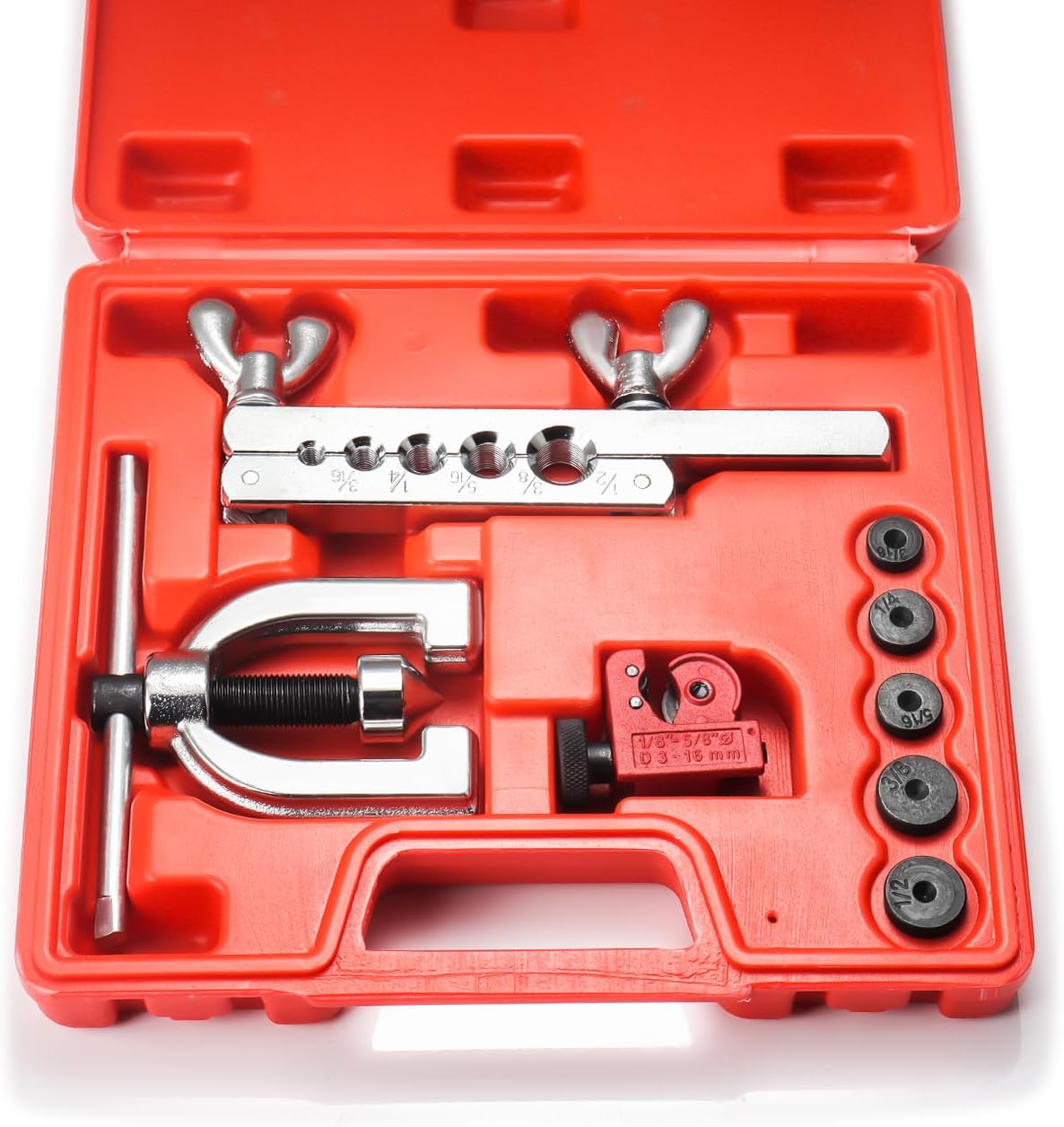 Flaring Tool Kit - Double & Single Tubing Flaring Tool Repair Kit with Tube Cutter and 5 Adapters Compatible with Copper、 Aluminum、 Brass、 Magnesium and Soft Steel
