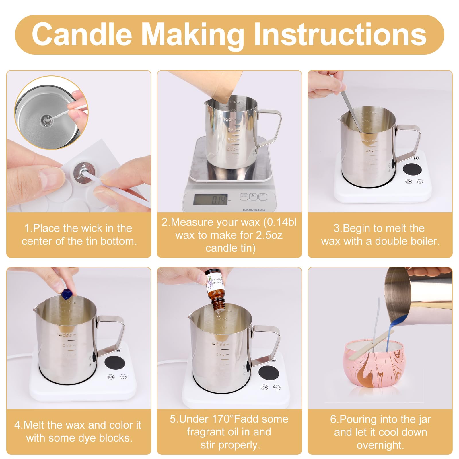 YUEONEWIN Kit per la creazione di candele per adulti, accessori per la produzione di candele, set di candele profumate fai da te con cera di soia, oli essenziali, stoppini, vasetto di fusione della