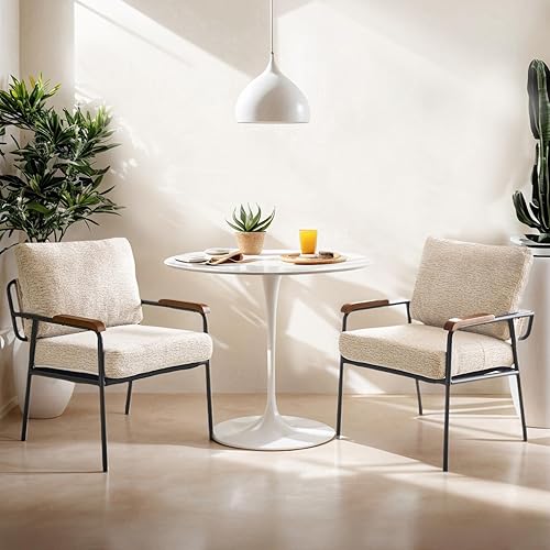 VINGLI Mid-Century Modern Accent Armchiars Set of 2 for Small Space, Small Comfy Upholstered Leisure Reading Chairs with Wood Armrests for Bedroom, Living Room, Waiting Room, Linen Beige