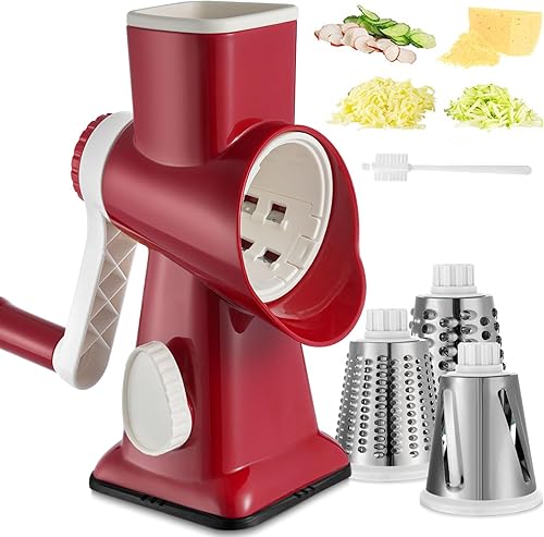 Miniatura 10 de Rallador de queso con manivela de mano, trituradora giratoria de verduras con asa, ralladores 3 en 1 con cuchillas intercambiables y base de succión