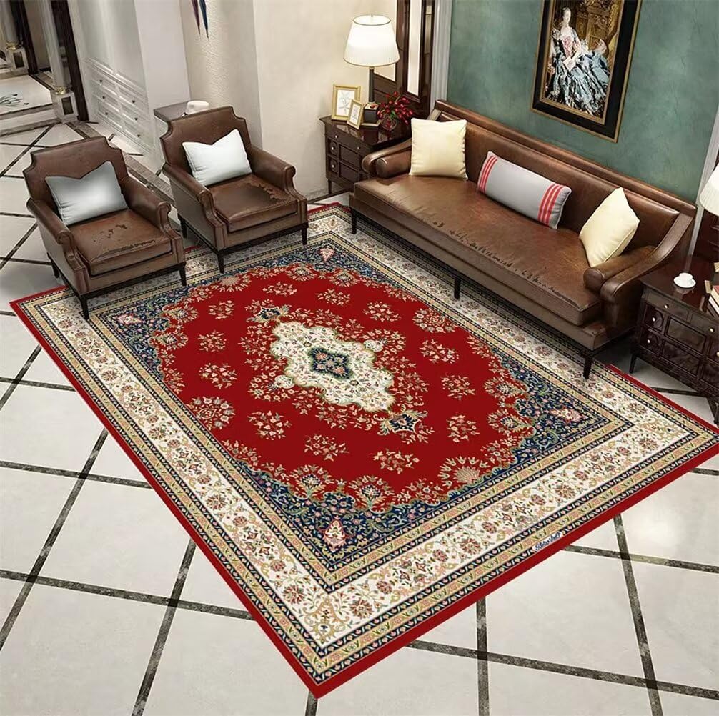 Tapis salon 200x250cm creme et rouge lavable pour grande piece