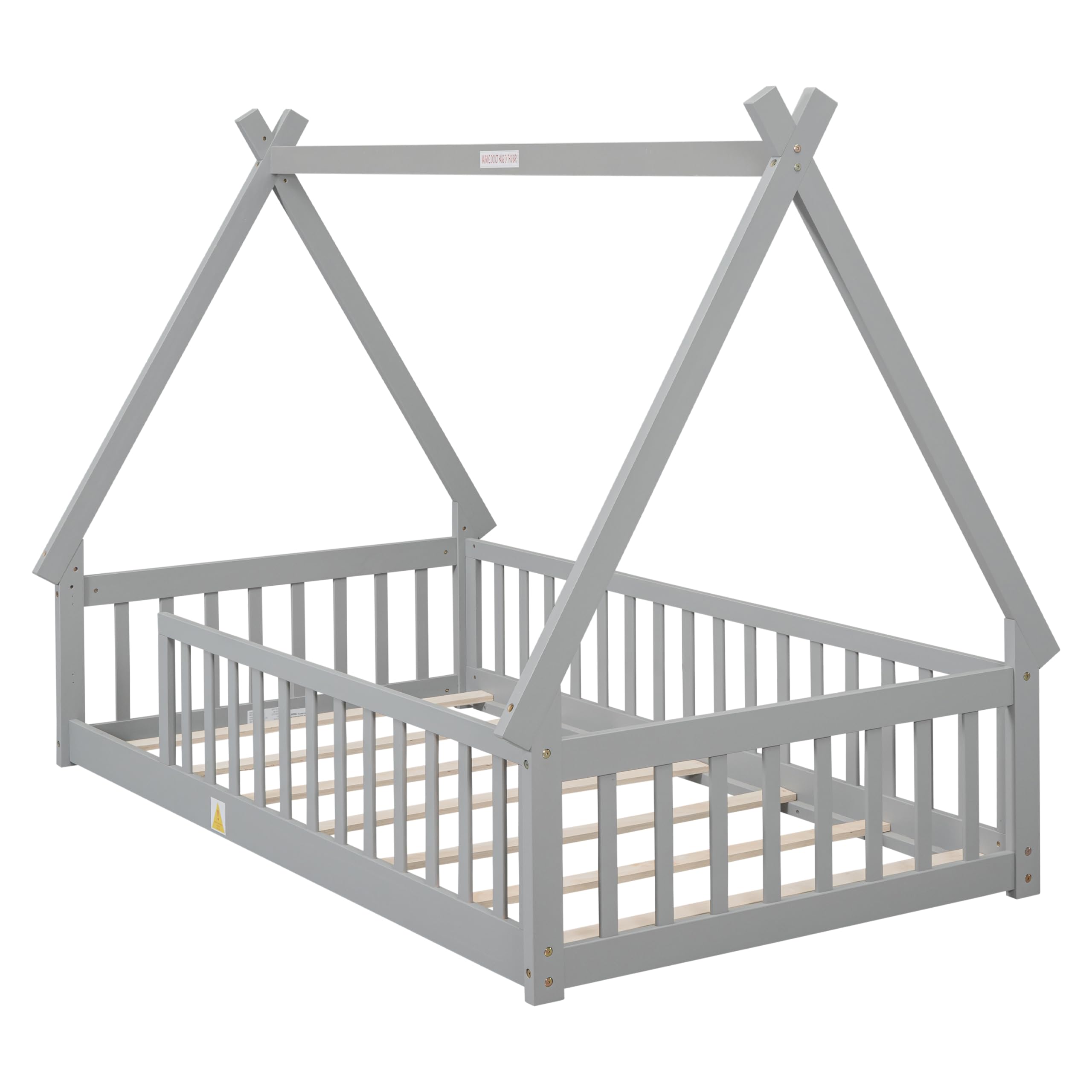 Yestar Twin Tent Shaped Floor Teepee Bed with Guardrails Slats – Sturdy, Safe, and Stylish Grey Kids Bed for Bedroom, Playroom, Nursery