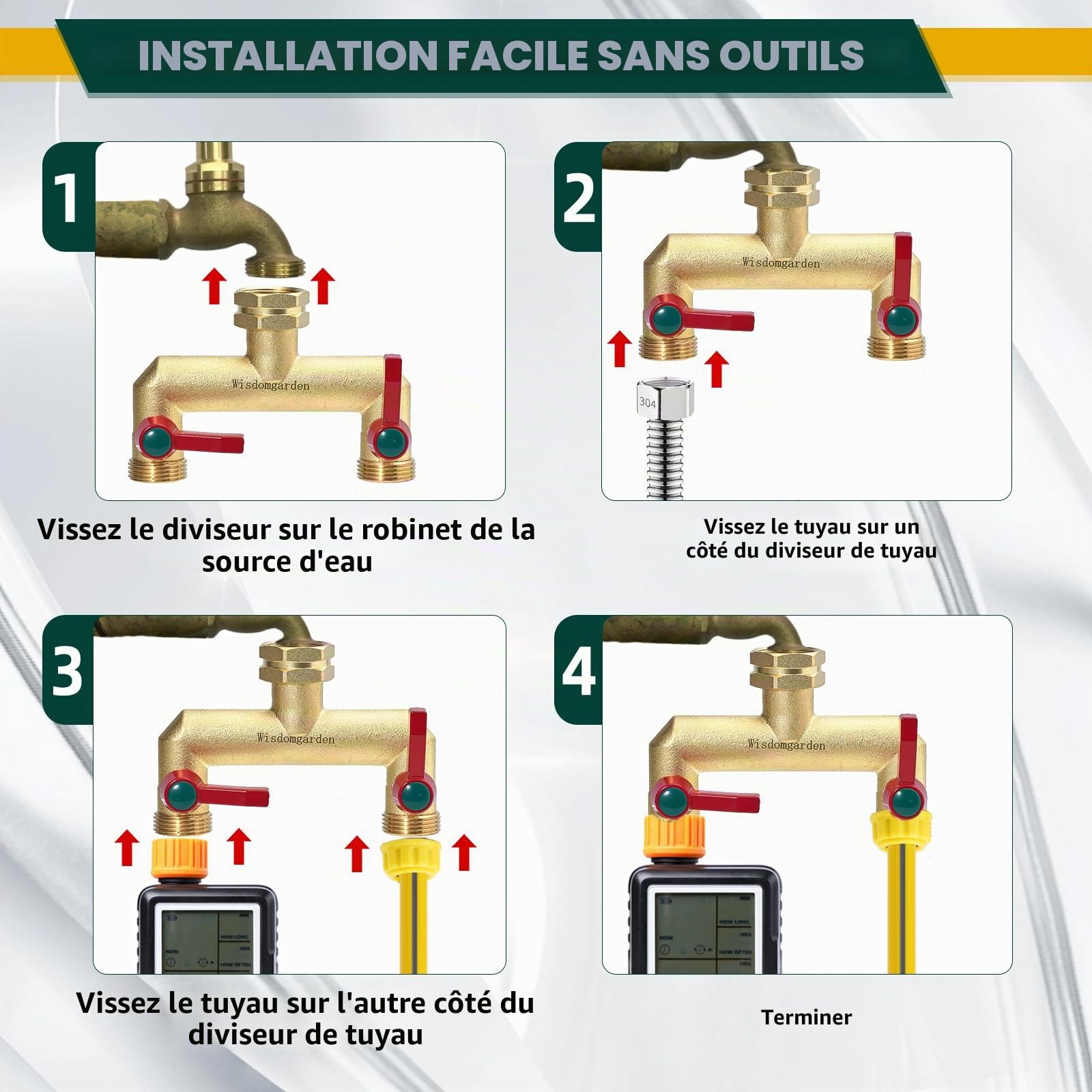 Distributeur 2 voies,Vanne à 2 voies d'eau pour robinet avec filetage de 3/4Pouce,Poignée allongée Facilité d'utilisation,laiton très résistant robuste et durable,avec 1/2Pouce adaptateur