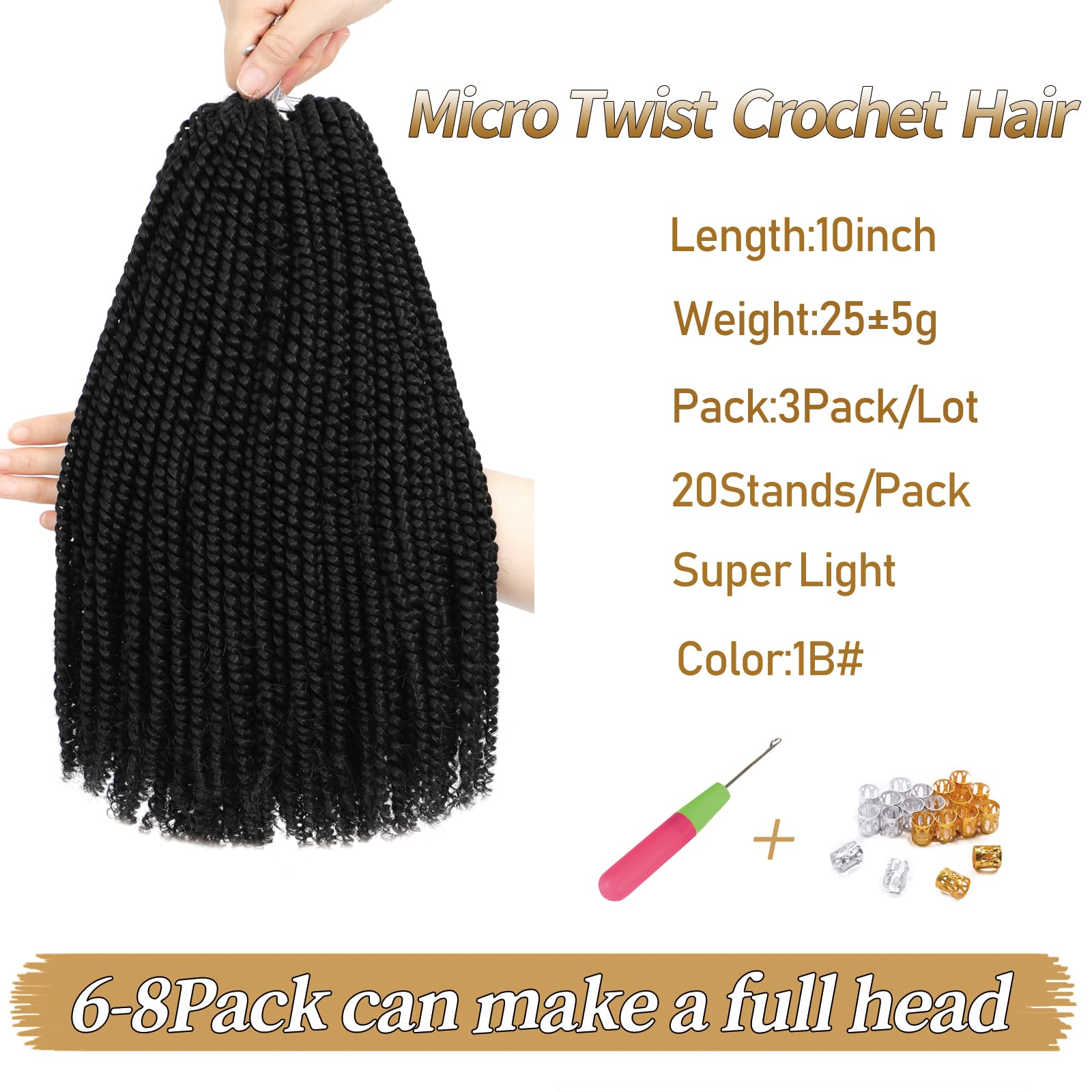 FLWAI Micro Twist Crochet Hair 10 Inch 3 Packs Pre-twisted Mini Passion Senegalese Hair Extensions for Women - Natural Black (1B#) - Image 2