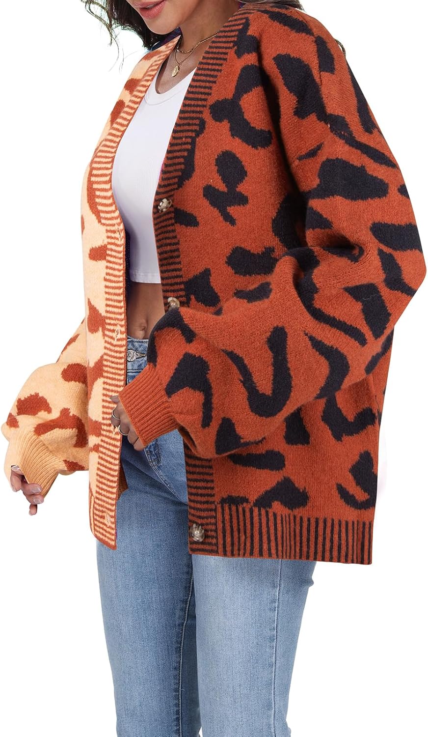 Miusey Women's Leopard Print Cardigan V Neck Open Front Long Sleeve Color Block Button Down Sweater Outwear - Image 4