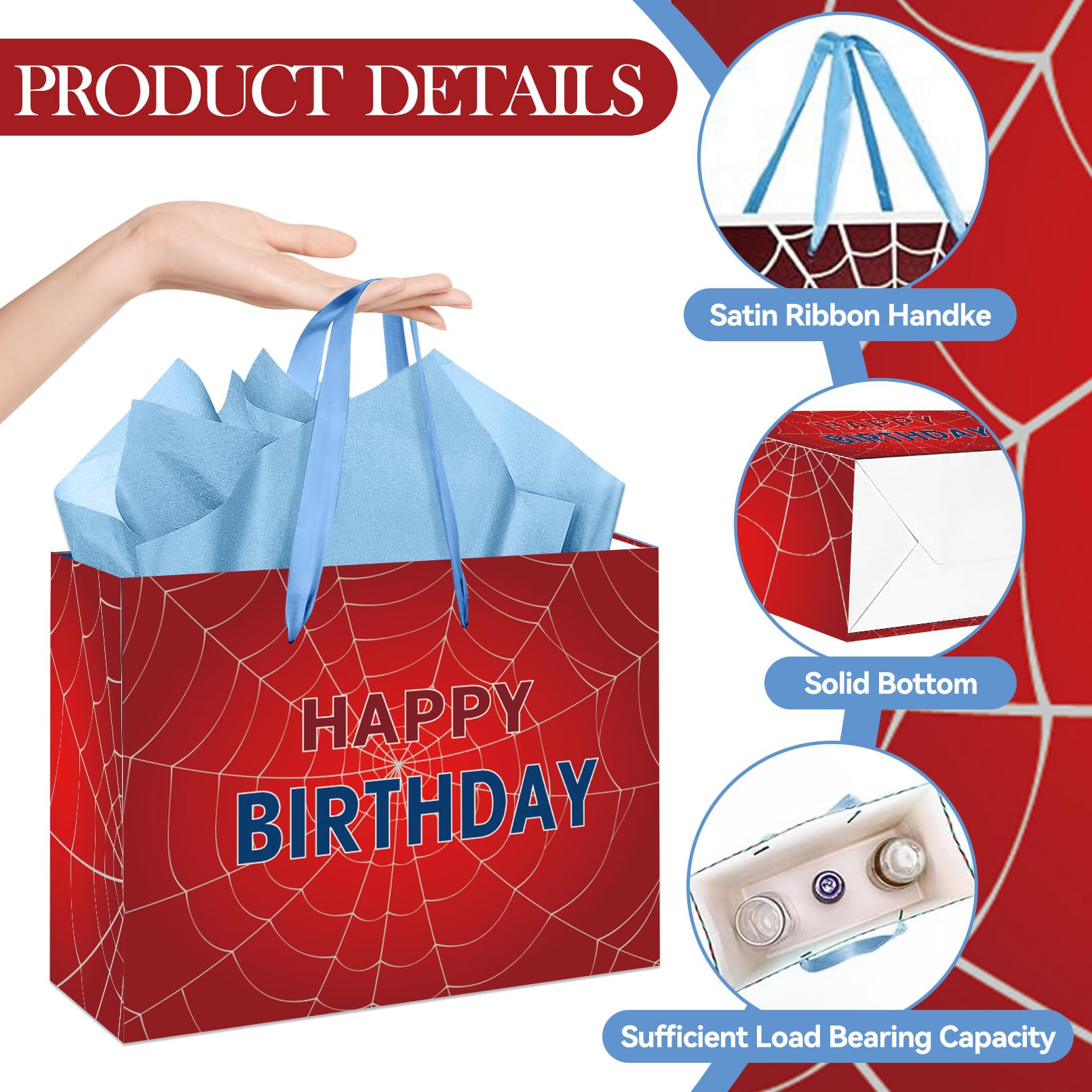 EIGHTSTATES Spider Web Birthday Gift Bag - Red Spider Theme Party Gift Bag with Card & Tissue Paper - Halloween Birthday Decor for Kids, Boys & Girls - Baby Shower Party Decorations Supplies