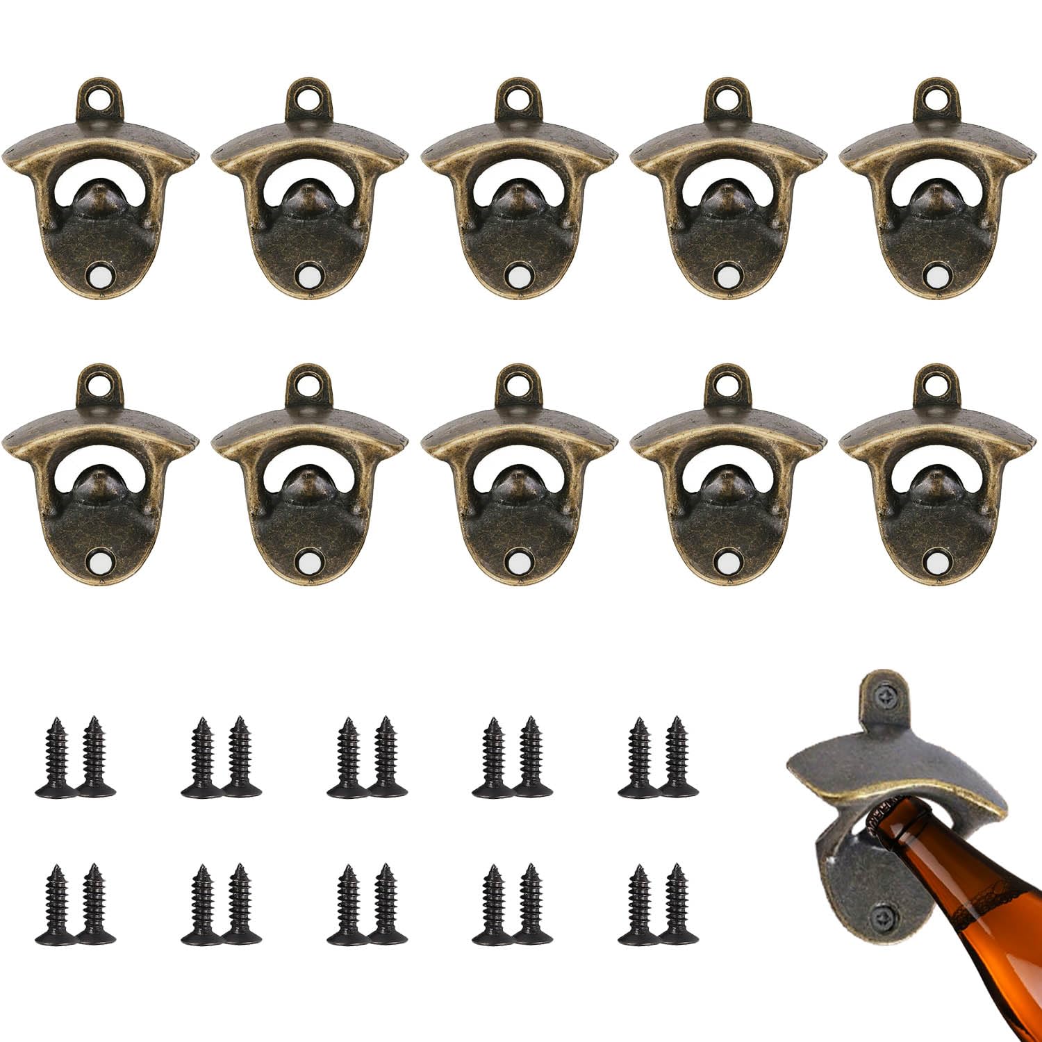 10 Pezzi Apribottiglie da Muro, Apribottiglie da Parete con 20 Fisso Viti, Durevole, Conservante, Cavatappi da Muro Adatto a Bar Cucine Ristoranti Garage Festa Ritrovo ( Bronzo )