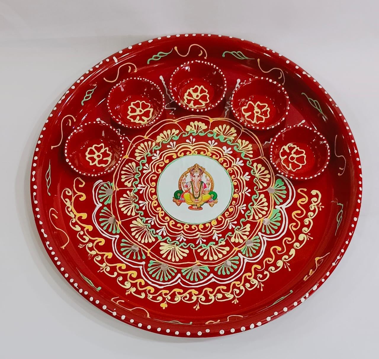Pound Veg Red Pooja Thali Plate Decorative Steel Puja Thali With Diya For Aarti Pooja Rituals Festival Wedding Decorations & New Year Gifting(Size- 12")