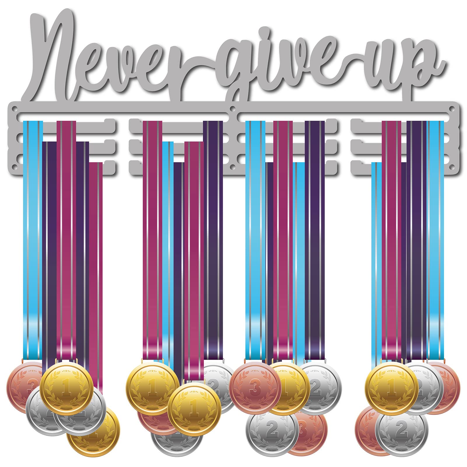 CREATCABIN Never Give Up Porta Medaglie Sportive Espositore Montaggio Parete Appendiabiti Decor Appendere Acciaio Inossidabile per Stoccaggio Badge per La Casa Corsa Calcio Oltre 60 medaglie 40x14.7cm