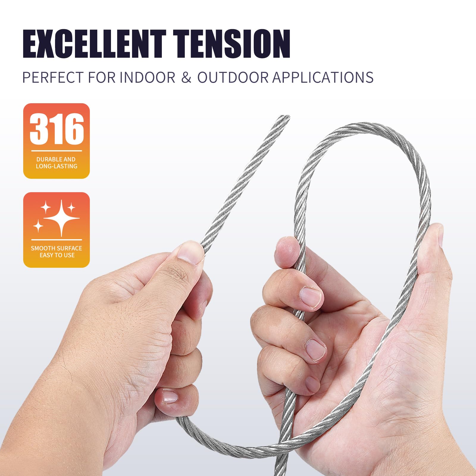 Deck Railing Cable Kit Stainless Steel Cable For Railing - 25FT 1/4" T316 Wire Rope 3/16 T316 Wire Rope